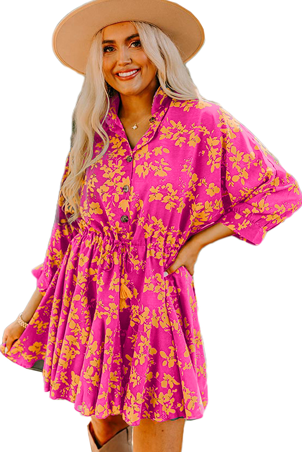 LivelyLooks Women's Floral Print Drawstring Tunic Short Dress Green Pink S-XL women's fashion