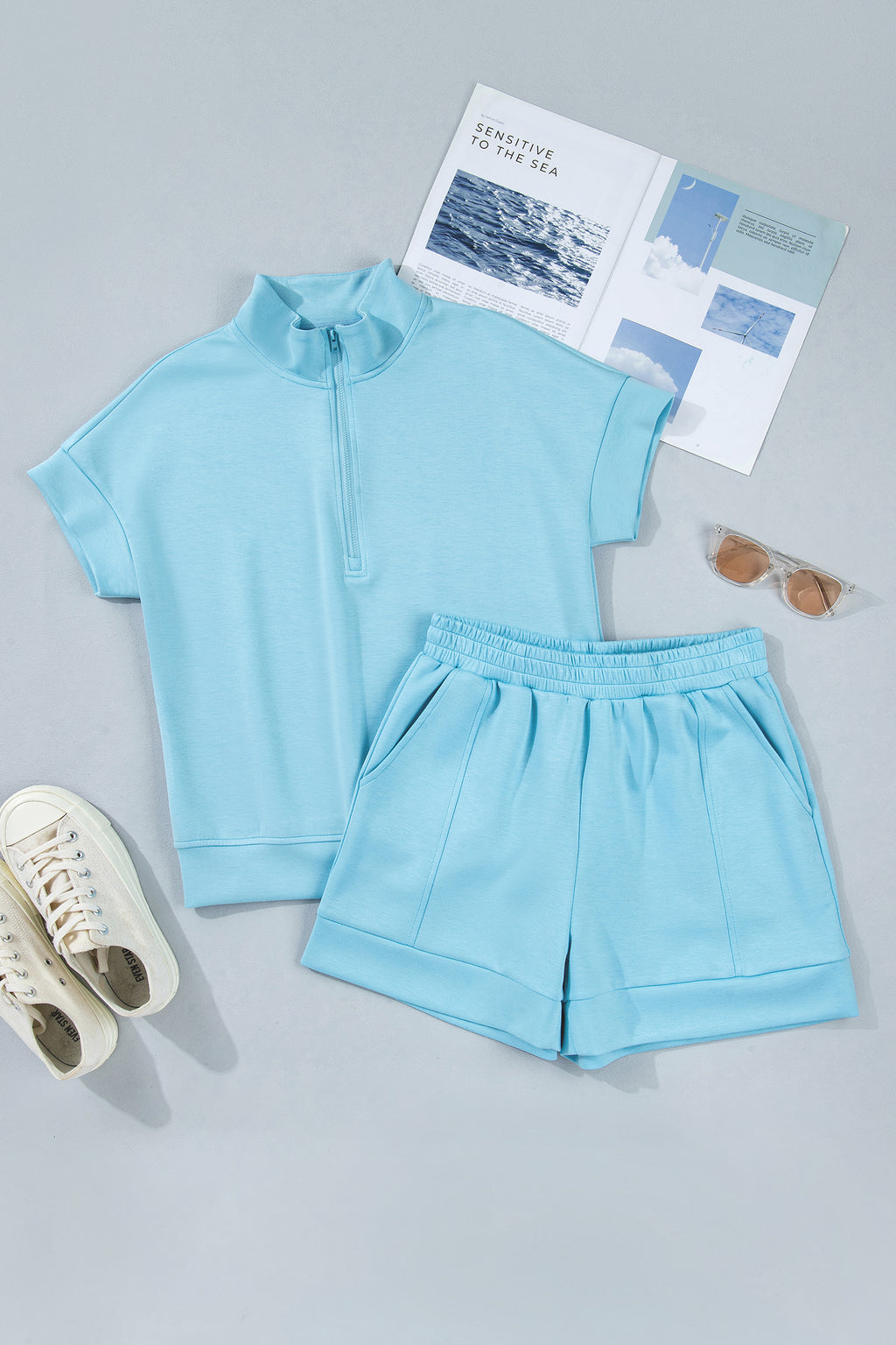 LivelyLooks Blue Half-Zip High Neck Athleisure Short Set | S-XL women's fashion