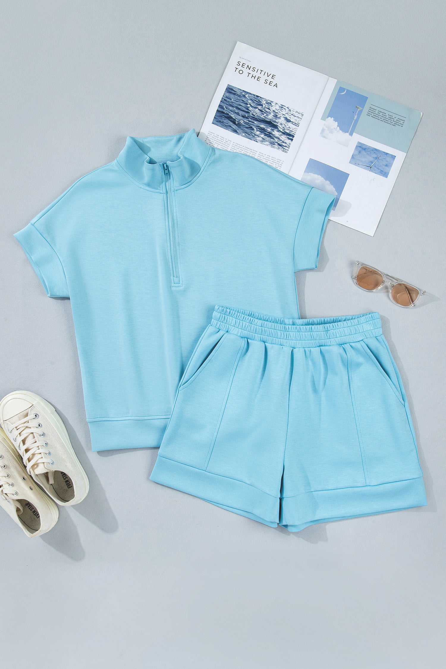 LivelyLooks Blue Half-Zip High Neck Athleisure Short Set | S-XL women's fashion