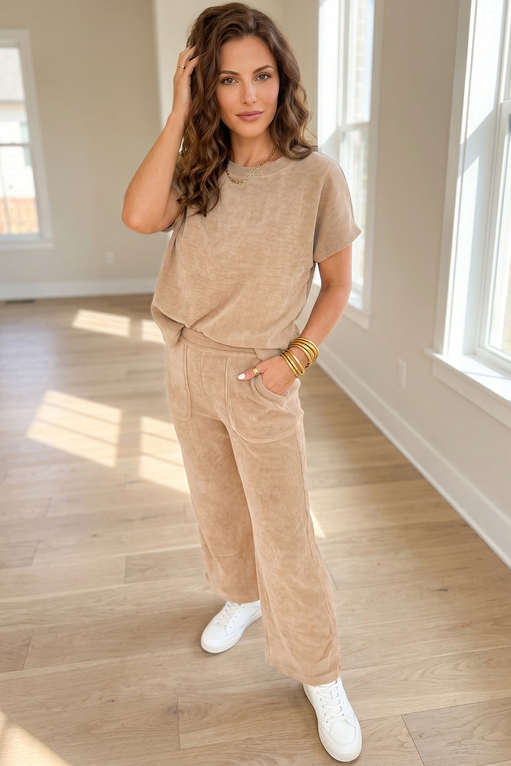 Beige Ribbed Short Sleeve Top & Casual Trousers Set | Sizes 8-22