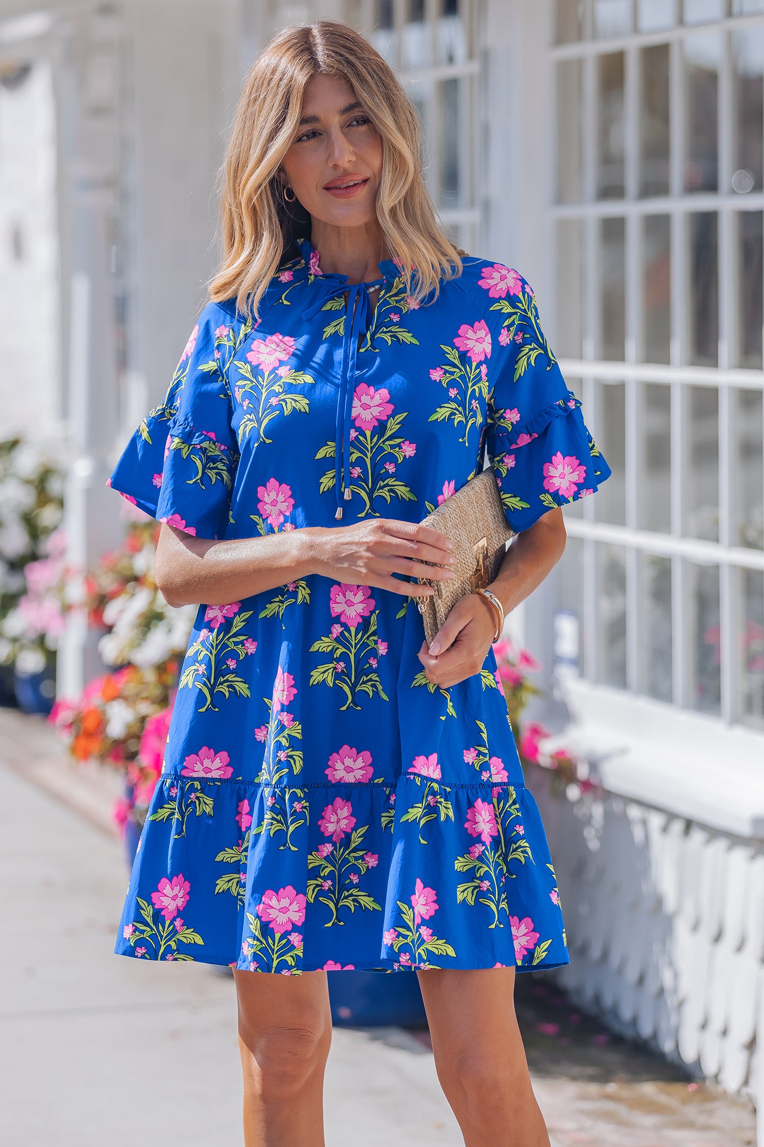 Blue V Neck Short Sleeve Loose Floral Maxi Dress S-XL