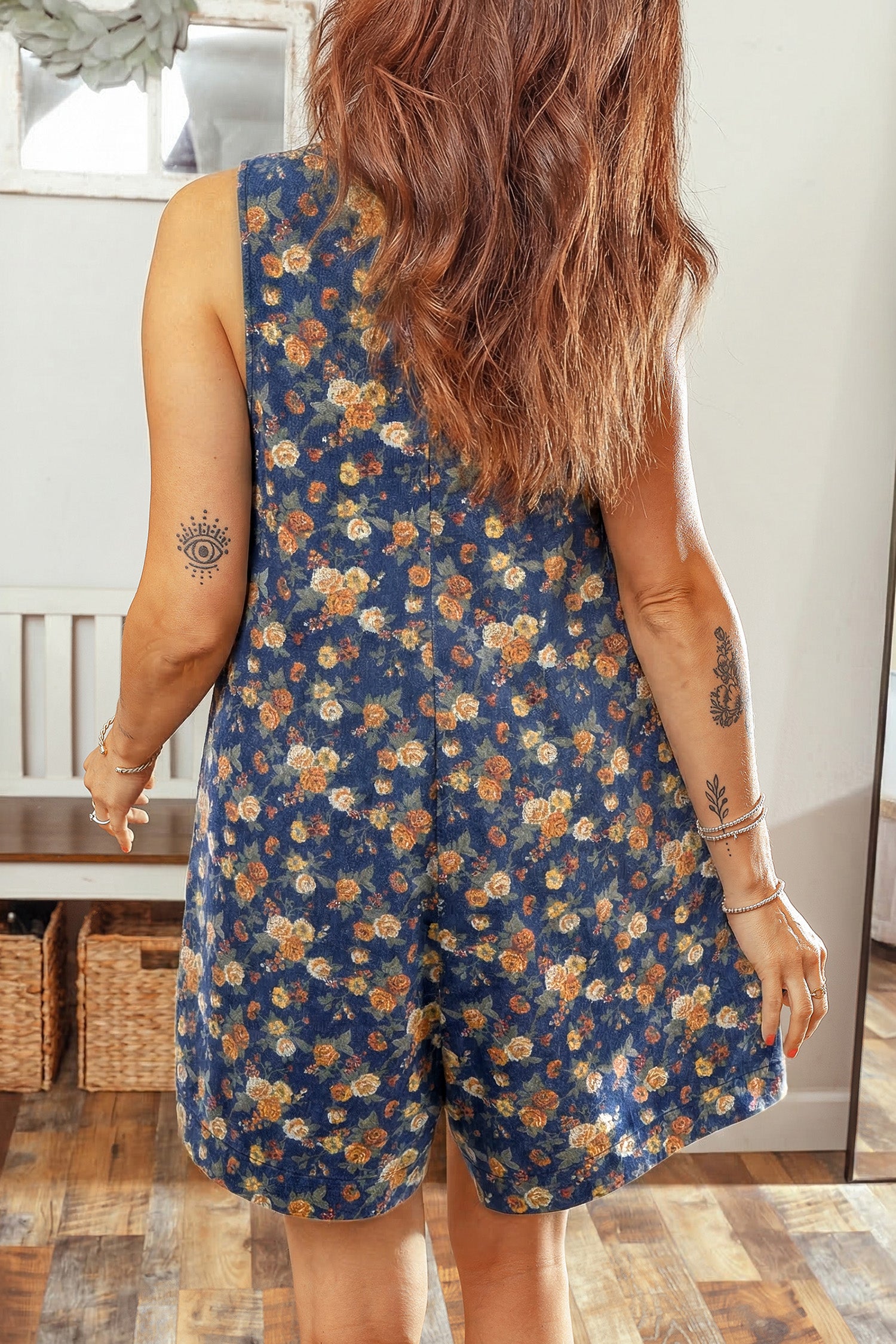 Women's Blue Retro Floral Print Bow Tie V-Neck Pleated Denim Romper at LivelyLooks