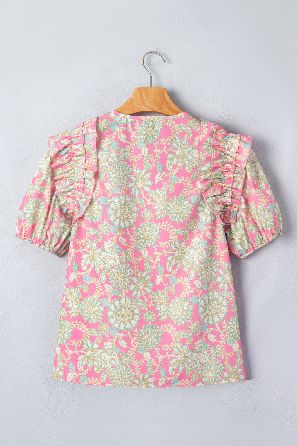 Pink Floral Tie Neck Short Puff Sleeve Blouse