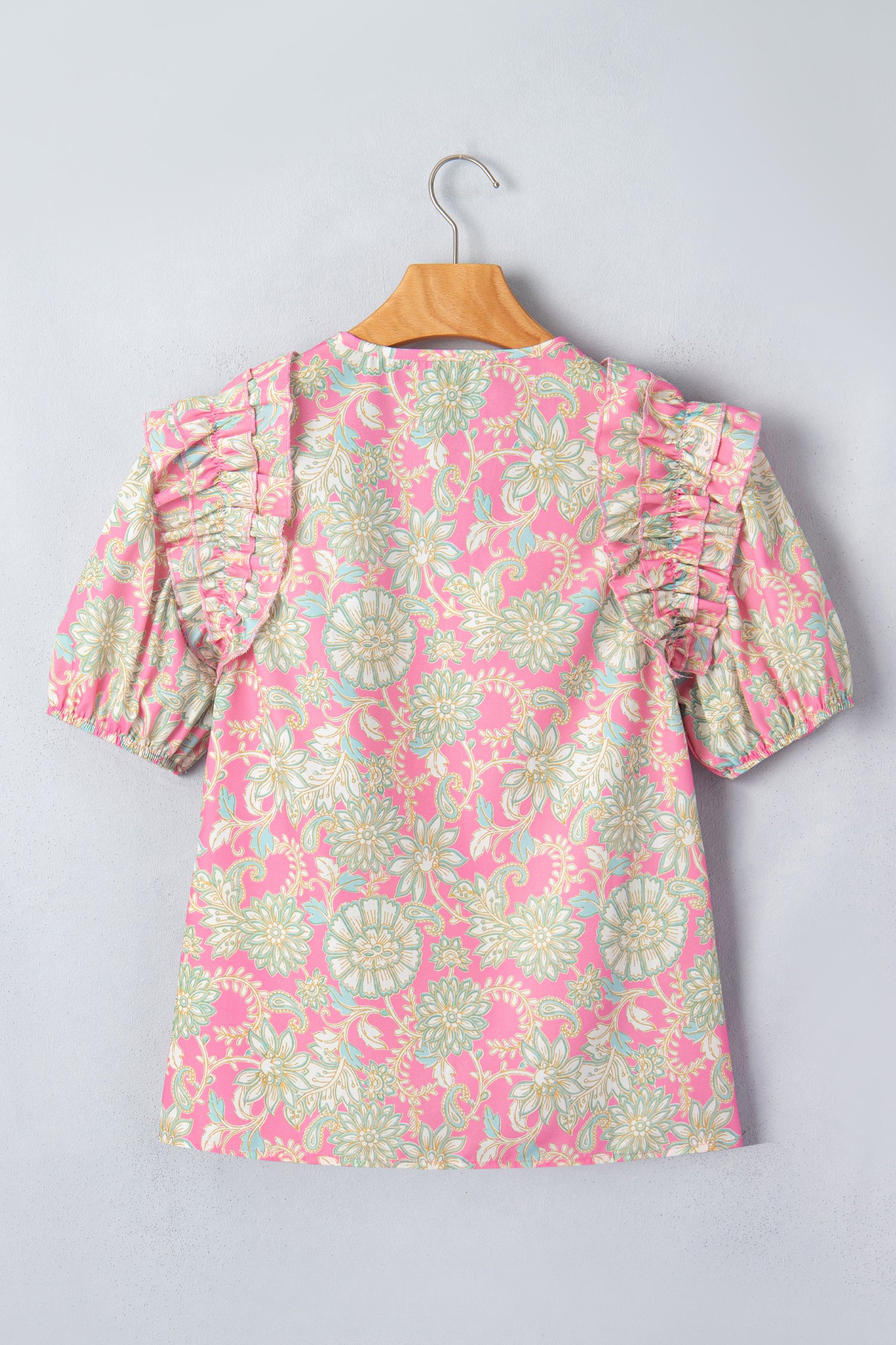 Pink Floral Tie Neck Short Puff Sleeve Blouse