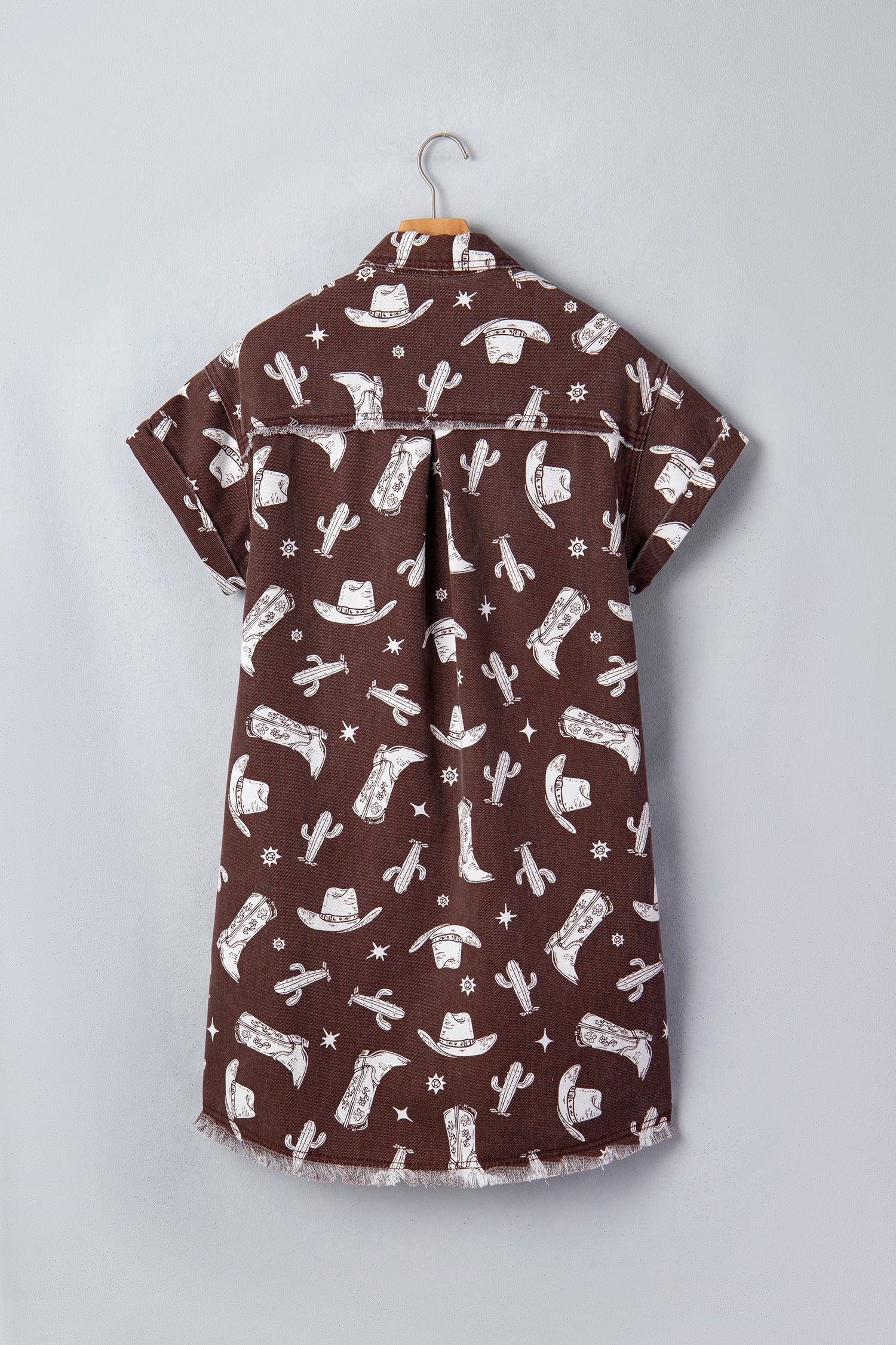 Brown Western Cowgirl Print Raw Edge Button-Down Denim Mini Dress