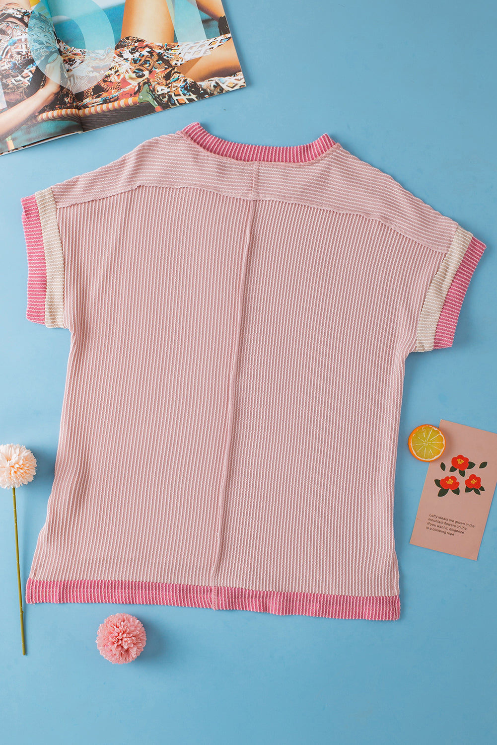 Light Pink Textured Contrast Trim Round Neck T-Shirt