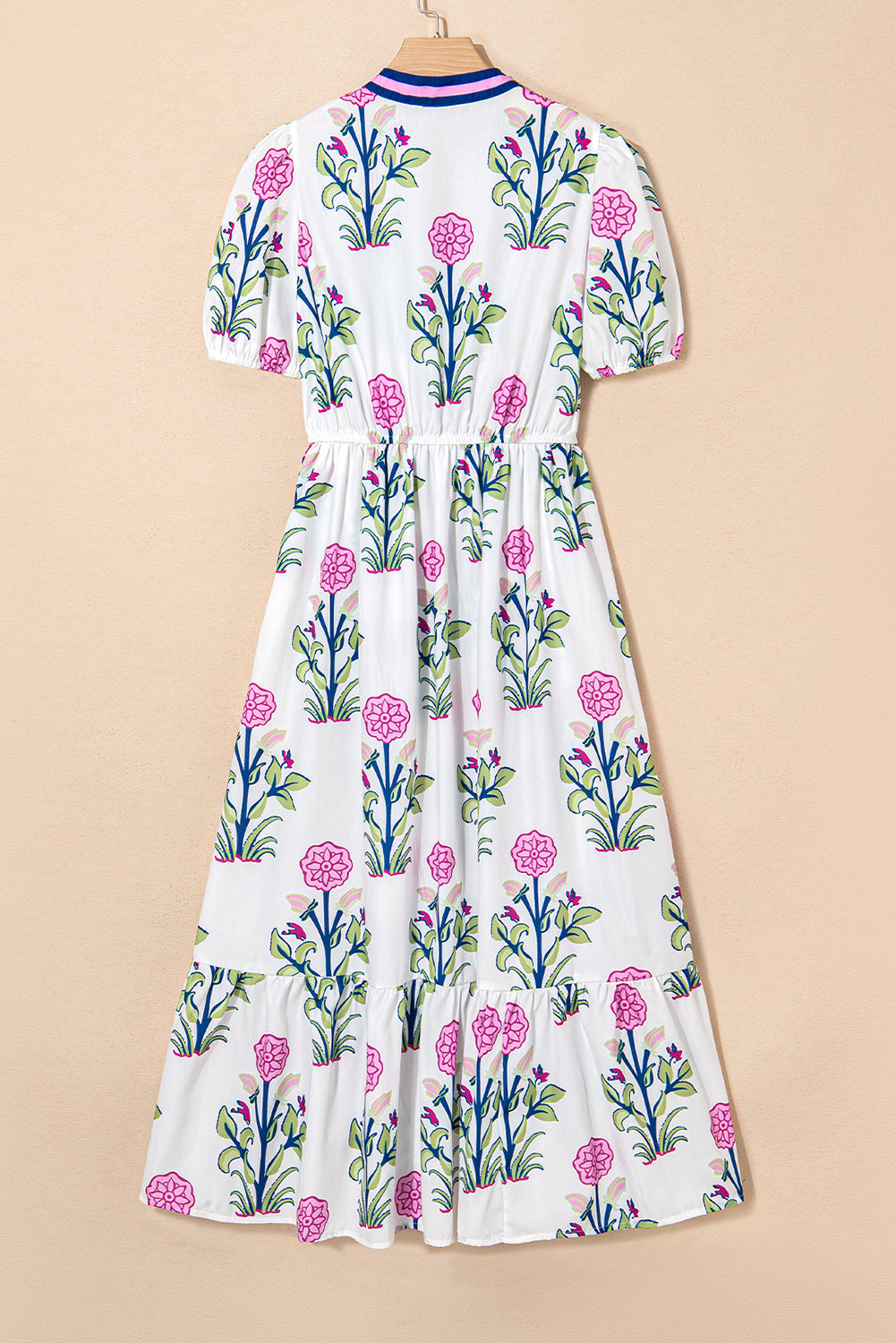 Women's Sky Blue Floral Puff Short Sleeve V Neck High Waist Maxi Dress at LivelyLooks