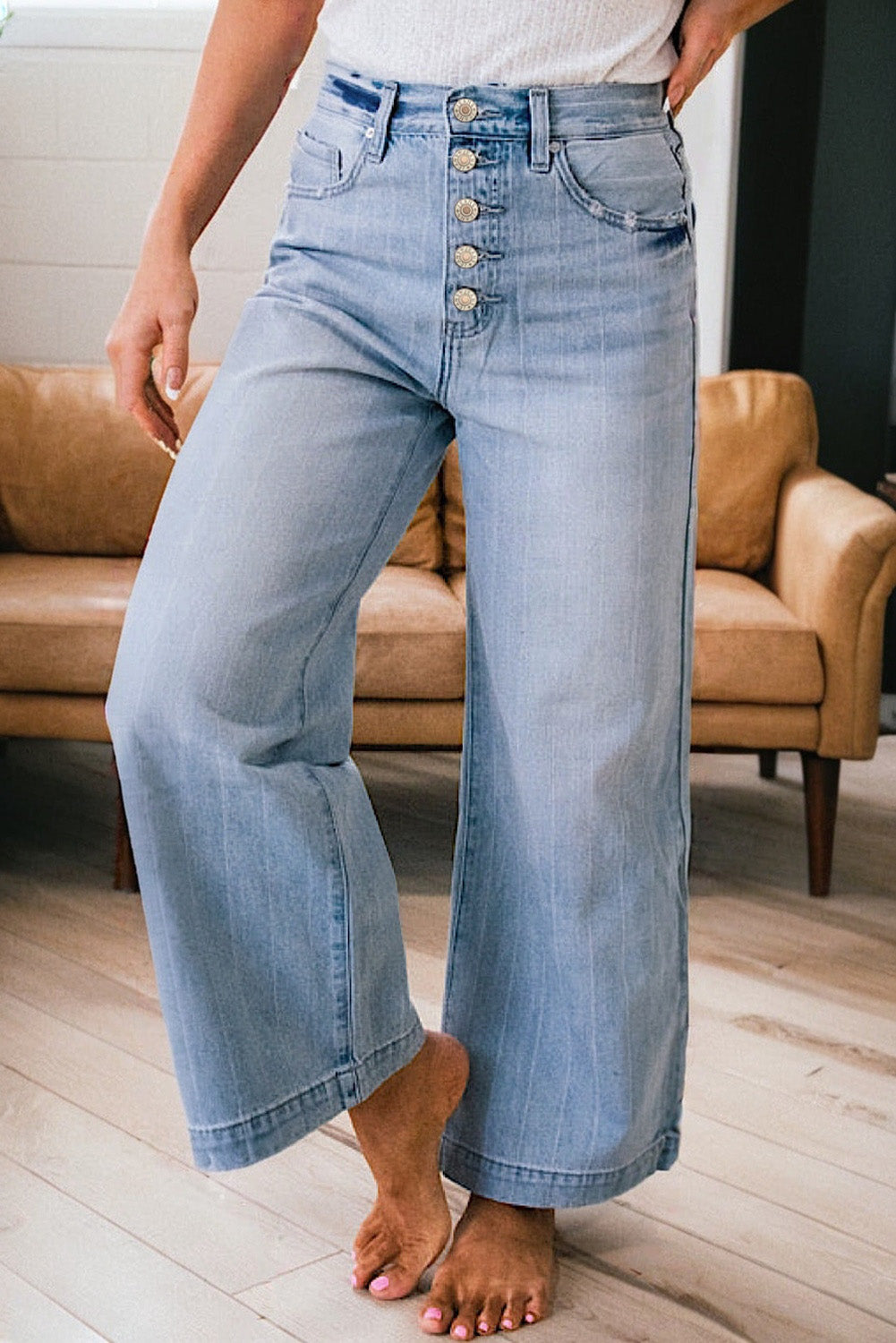 Shop Beau Blue Multi Buttons Pinstripe Wide Leg Jeans at LivelyLooks