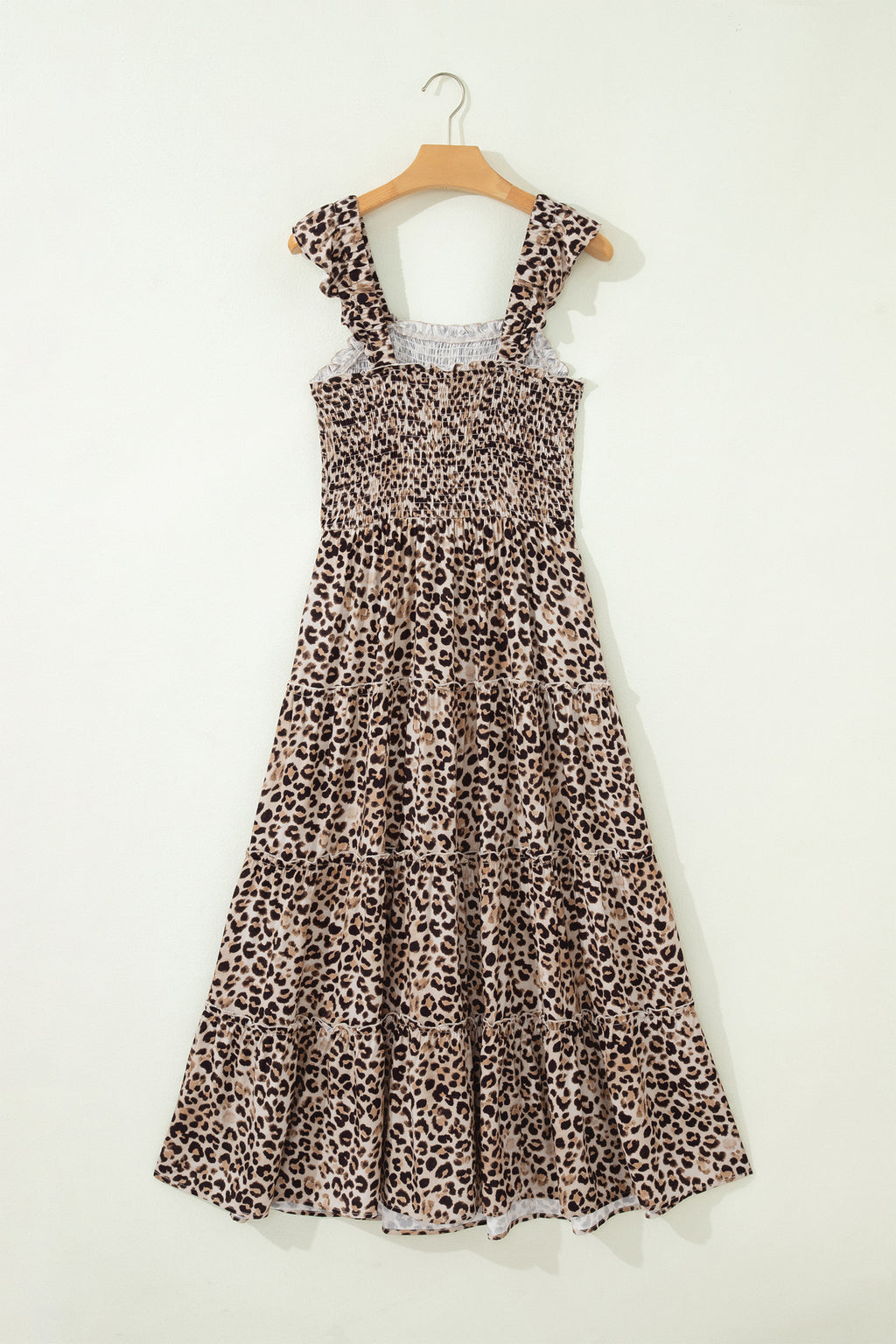 Brown Leopard Print Smocked Ruffled Strap Tiered Maxi Dress