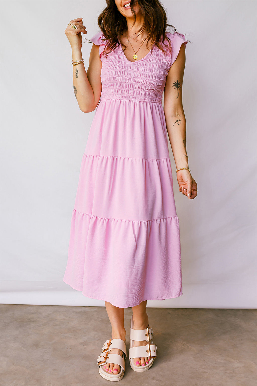 Women's Pink Smocked Bodice Flutter Sleeve Fit & Flare Tiered Midi Dress at LivelyLooks