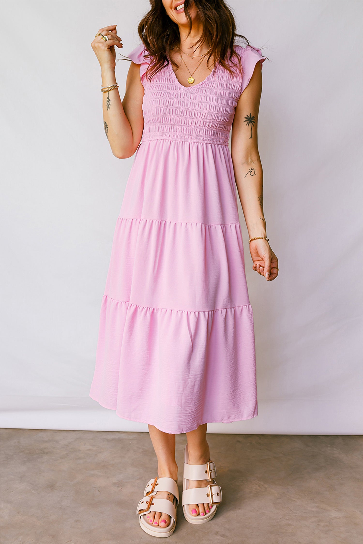Women's Pink Smocked Bodice Flutter Sleeve Fit & Flare Tiered Midi Dress at LivelyLooks