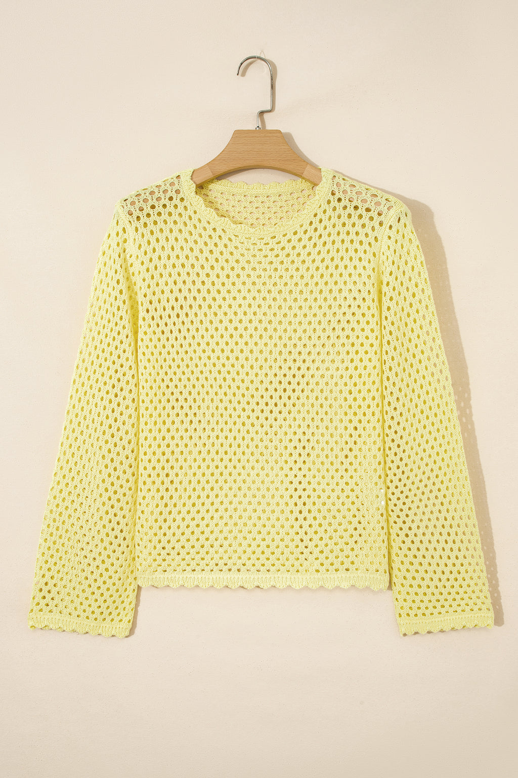 LivelyLooks Yellow Cream Scalloped Trim Hollow Out Knit Long Sleeve Top women's fashion
