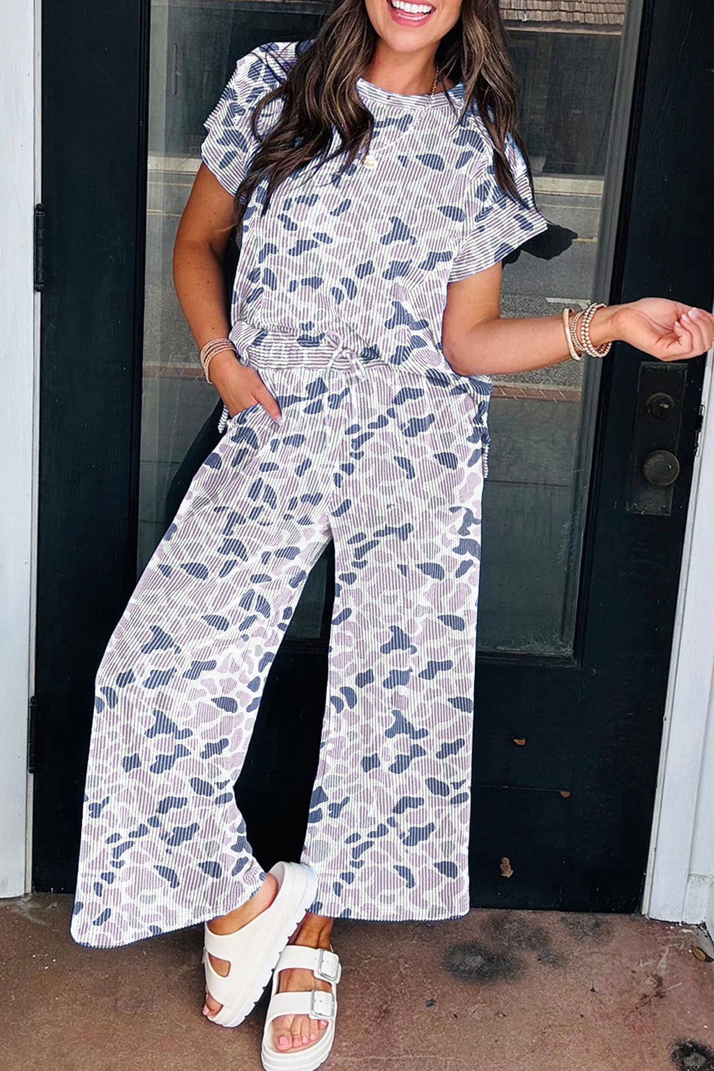 Beige Camouflage Print Twisted Rib Loose Tee & Drawstring Pants Set