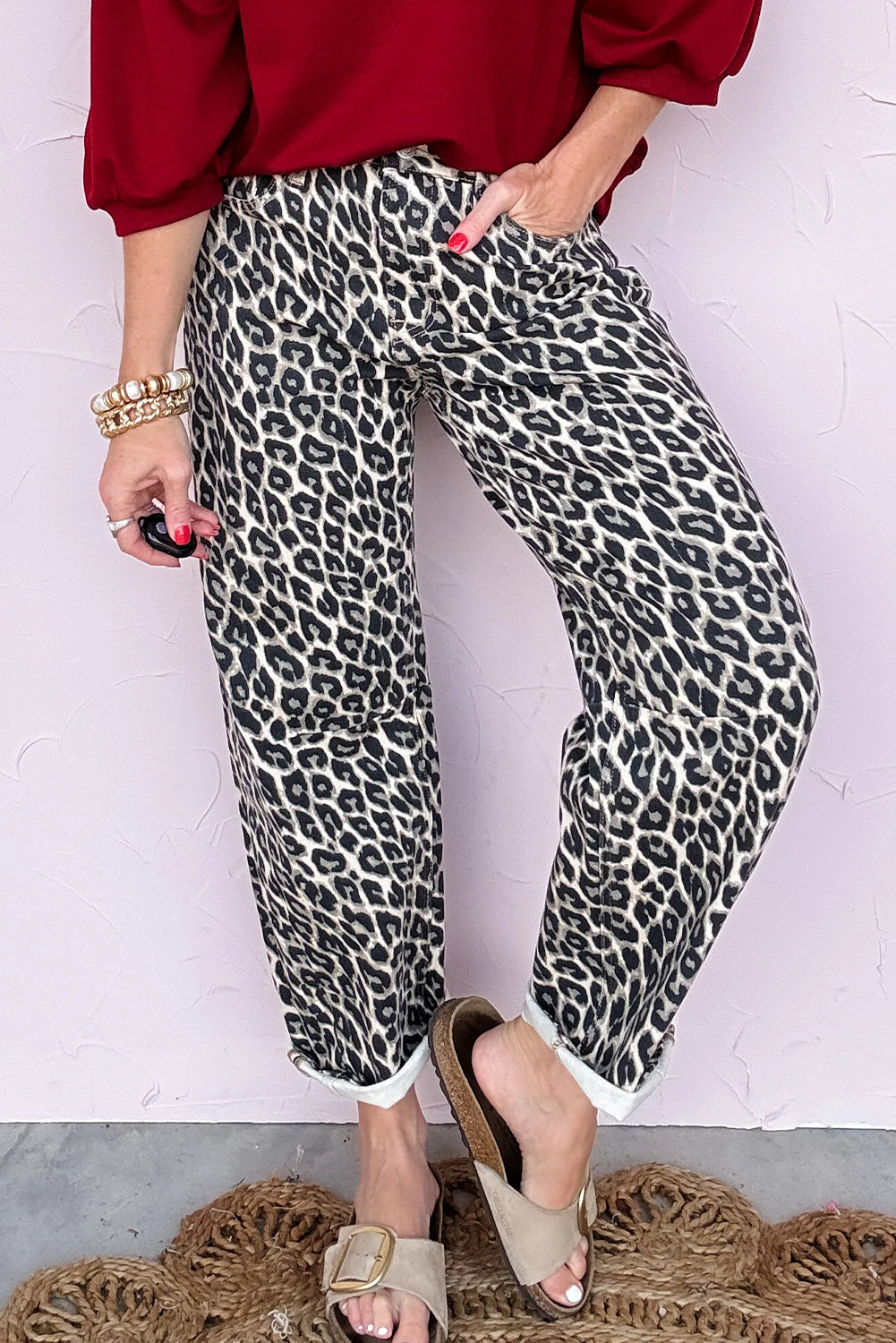 Shop Black Leopard Print Barrel Jeans UK 8-20 at LivelyLooks