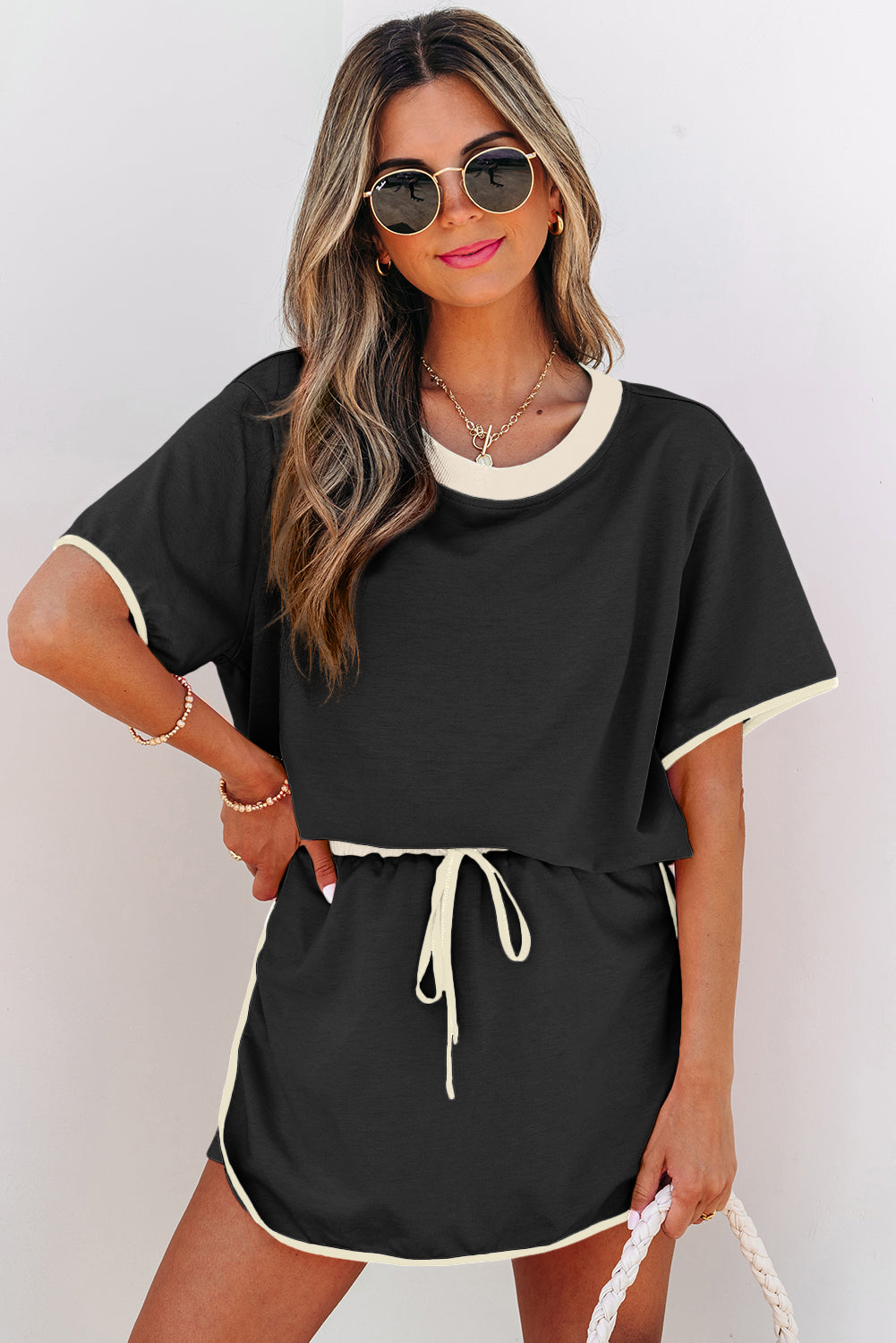Colourblock Drop Shoulder T-Shirt & Skort 2-Piece Set Beige Black Green
