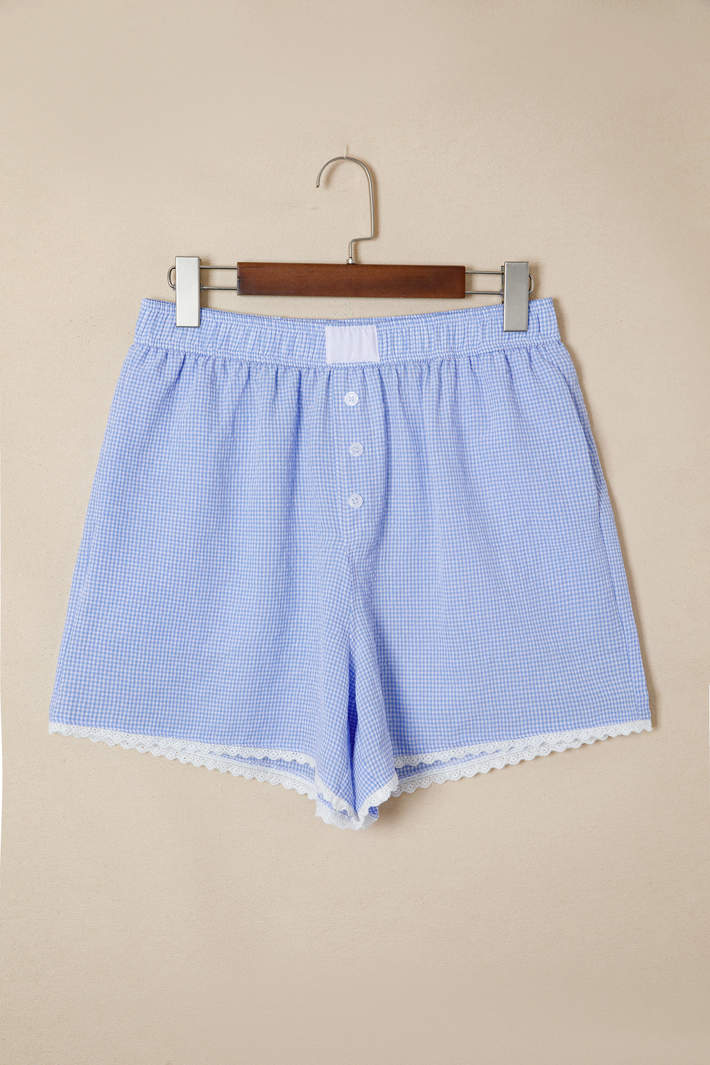 Women's Green Gingham Plaid Button Detail Lace Trim Boxer Shorts at LivelyLooks