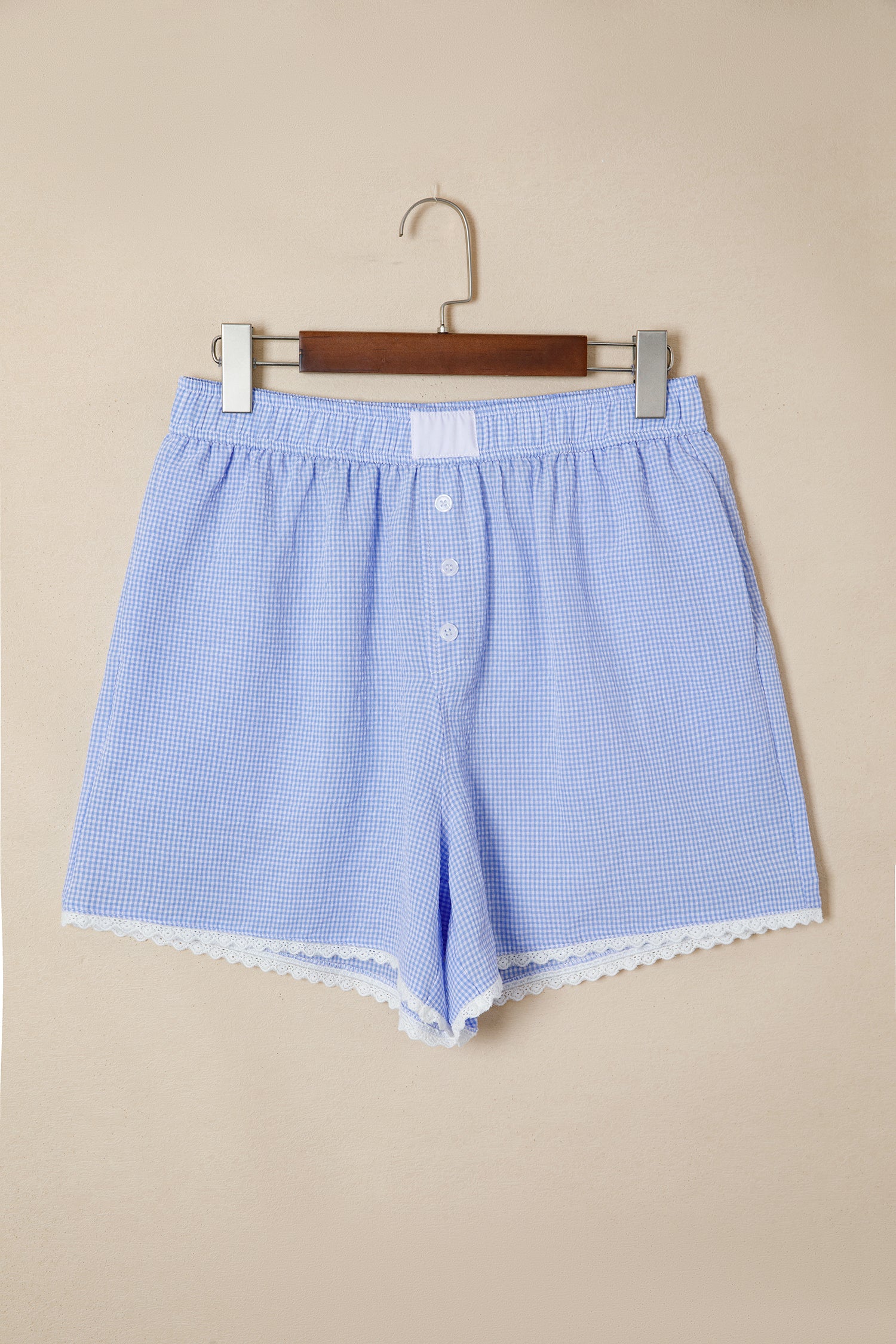 Women's Green Gingham Plaid Button Detail Lace Trim Boxer Shorts at LivelyLooks