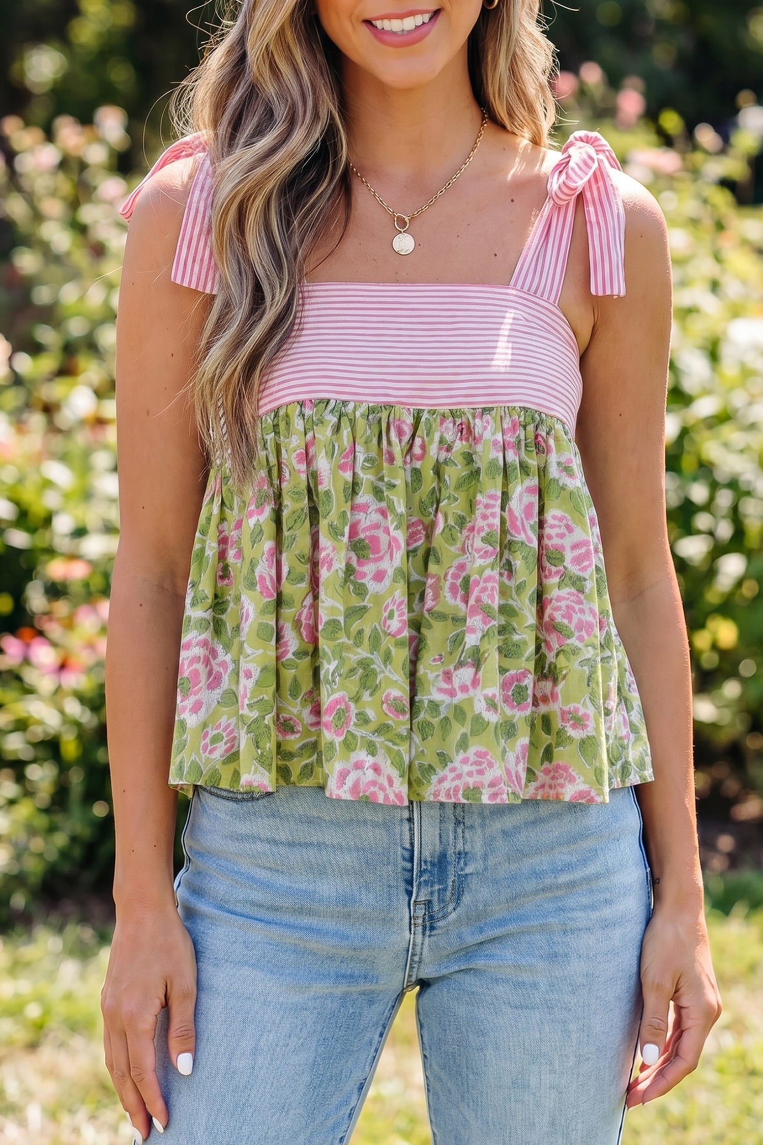 Print Knot Strap Babydoll Tank Top