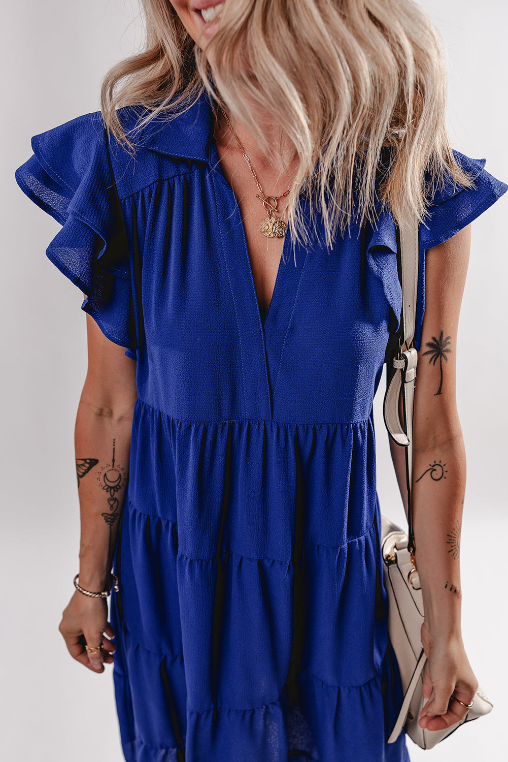 LivelyLooks Blue Ruffle Sleeve V-Neck Tiered Midi Dress Solid Collared S-XL women's fashion