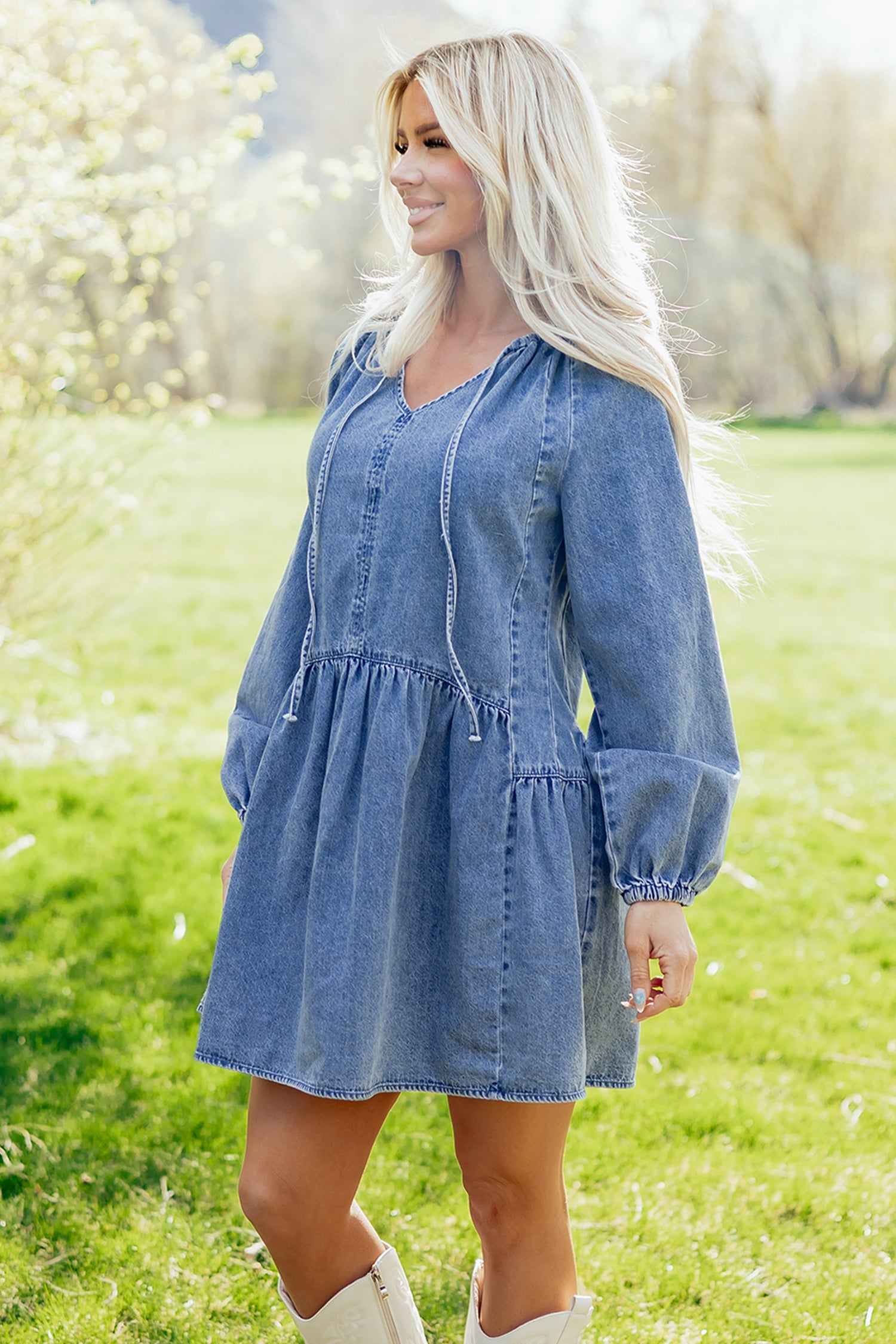 LivelyLooks Blue Denim Puff Sleeve V-Neck Ruffled Mini Dress women's fashion