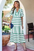 Women's Stripe Ricrac Notch V-Neck Puff Sleeve Midi Dress Green Sky Blue S-XL at LivelyLooks