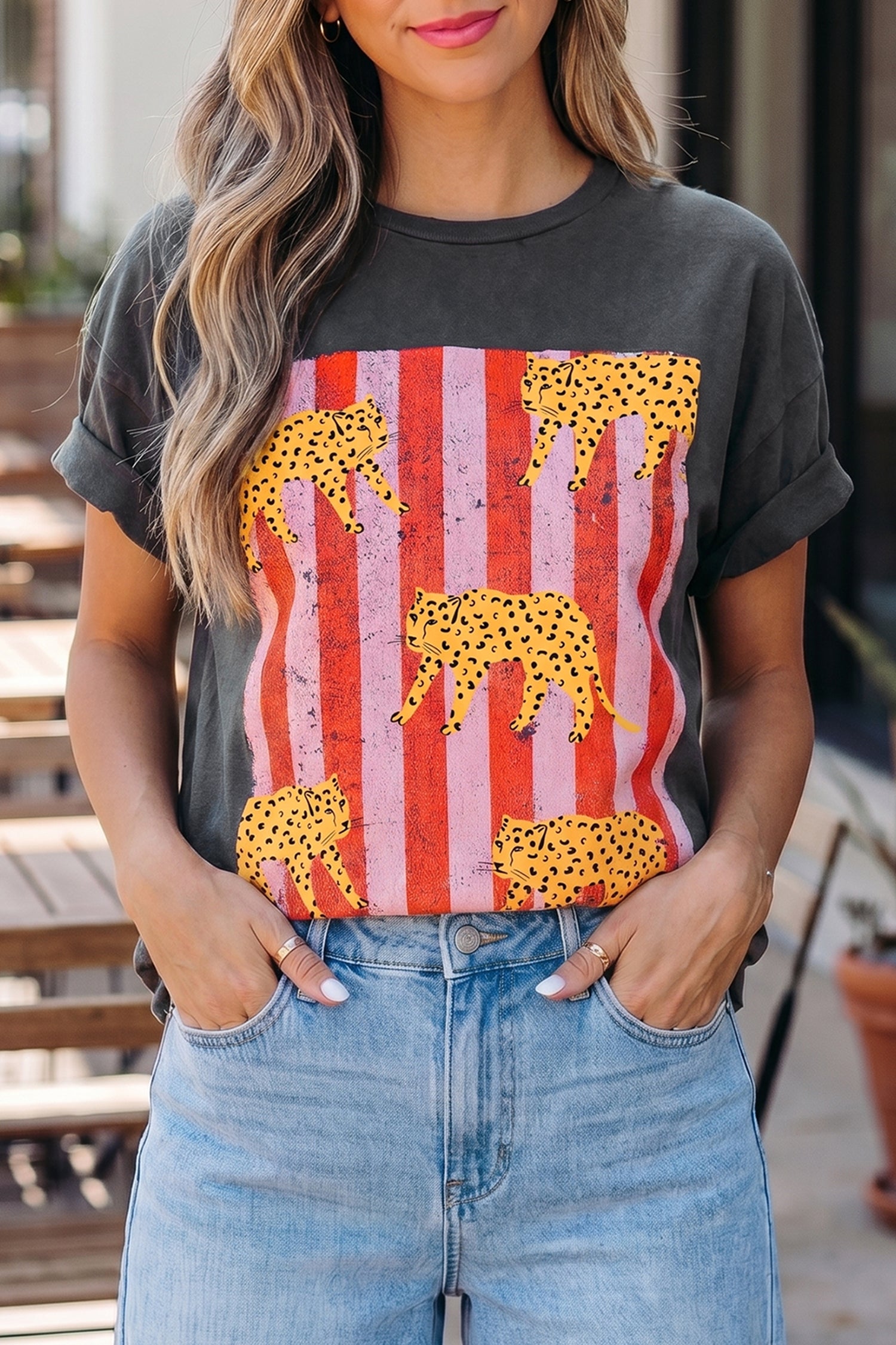 Dark Grey & White Cheetah Print Retro Graphic Tee S-XL
