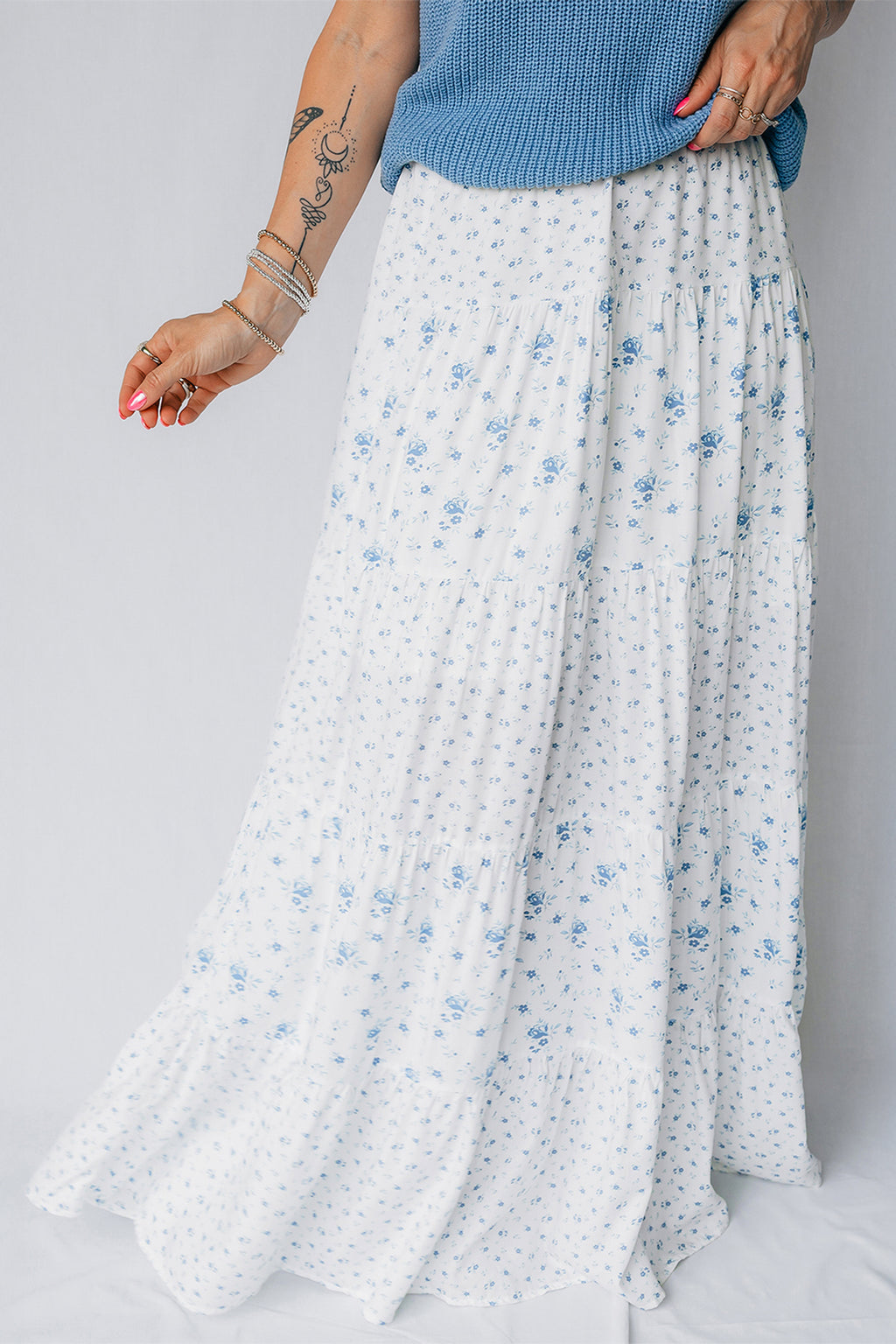 Women's Women's Boho Floral Tiered Maxi Skirt Patchwork Ruffled Elastic Waist White S-XL at LivelyLooks