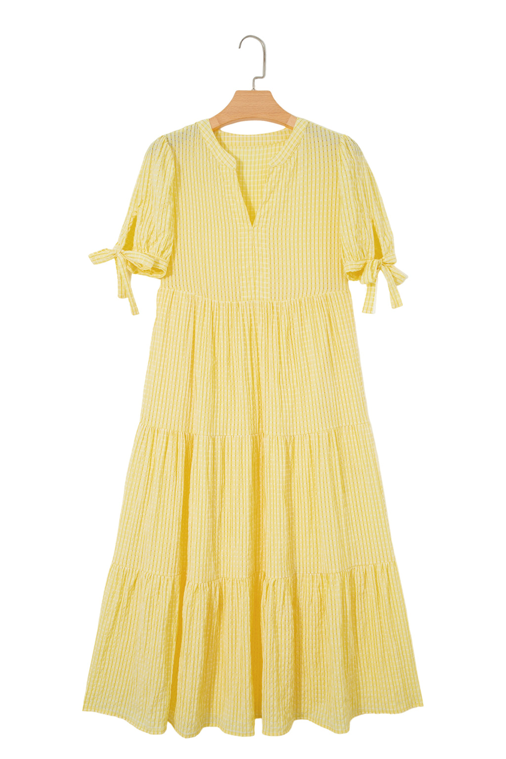 Dusk Blue & Yellow Gingham Bow Tie V-Neck Tiered Midi Dress | Pockets