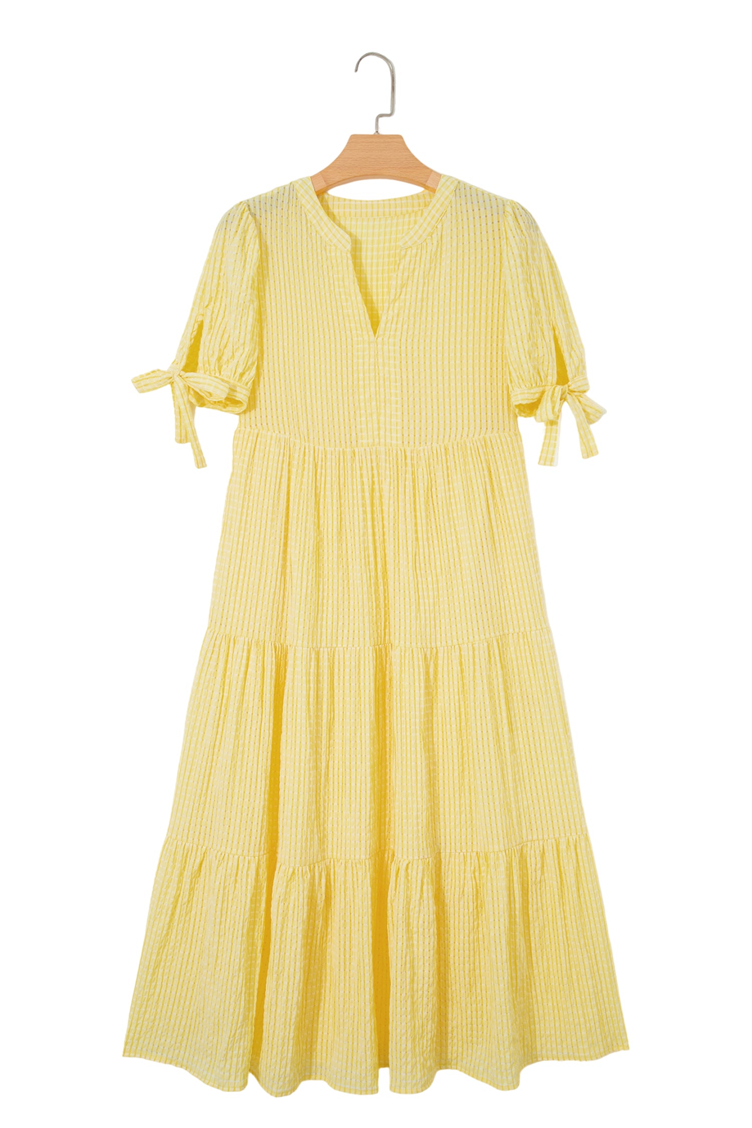 Dusk Blue & Yellow Gingham Bow Tie V-Neck Tiered Midi Dress | Pockets