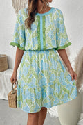 Sky Blue Floral High Waist Ruffle Short Sleeve Mini Dress S-XL