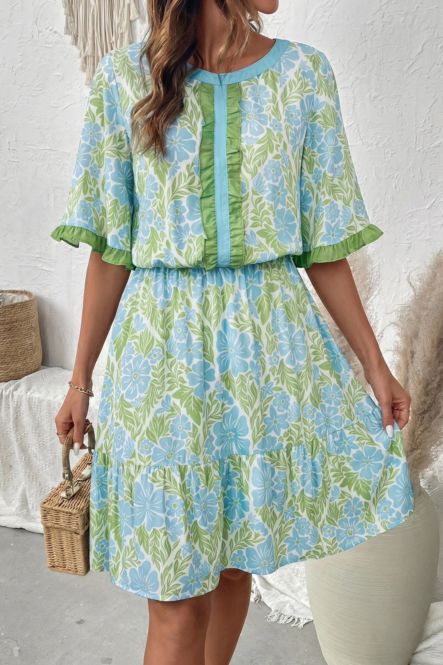 Sky Blue Floral High Waist Ruffle Short Sleeve Mini Dress S-XL