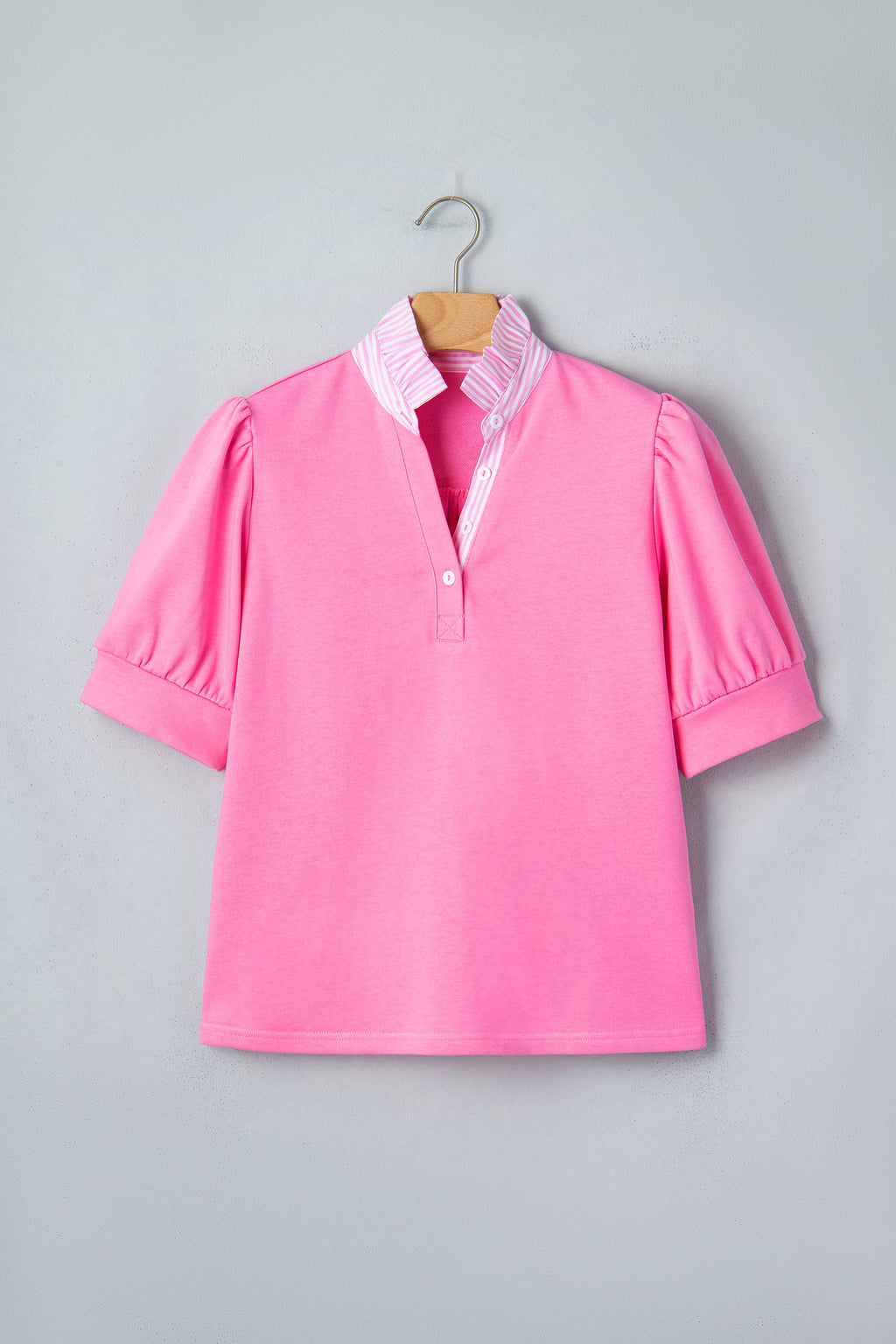 Women's Fiery Red Striped Frilled Collar Puff Sleeve Blouse at LivelyLooks