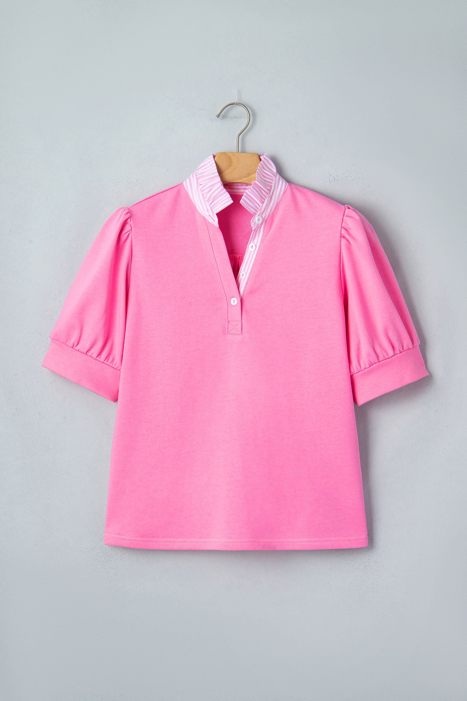 Women's Fiery Red Striped Frilled Collar Puff Sleeve Blouse at LivelyLooks