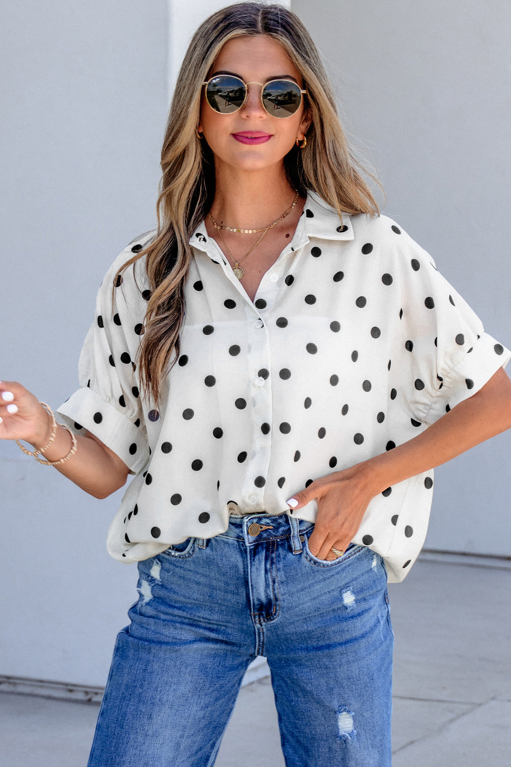 Beige Polka Dot Dolman Shirt Loose Fit Short Sleeve Rolled Cuff Women S-XL