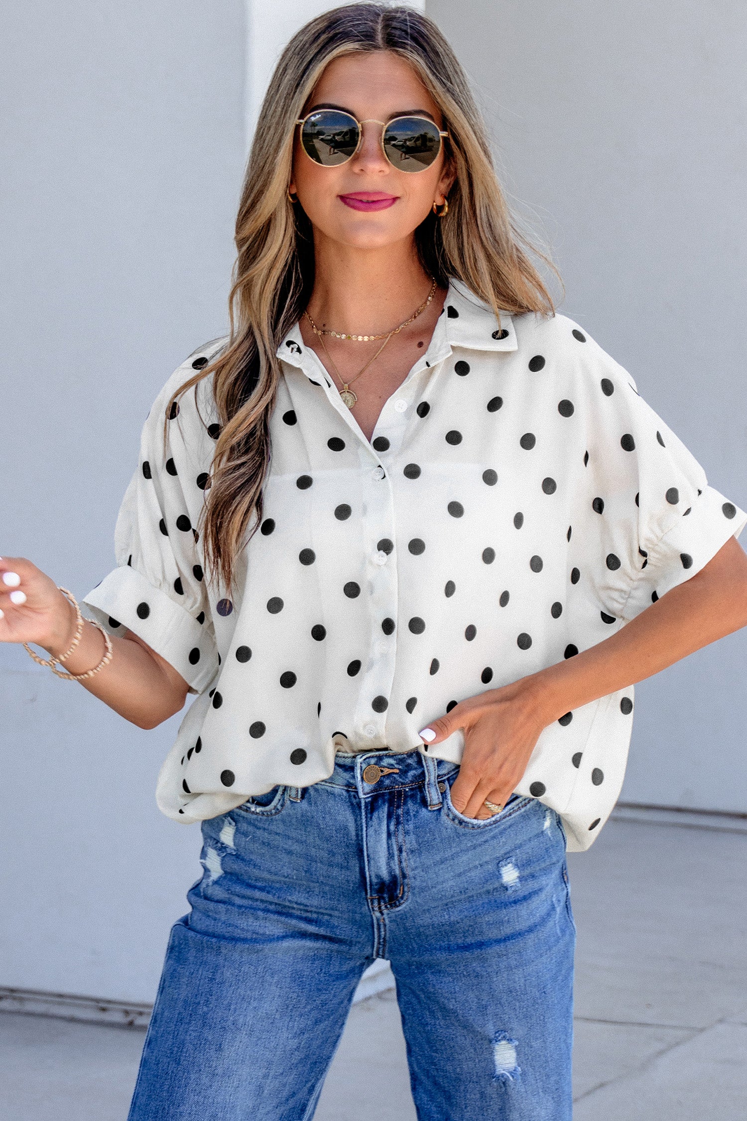 Beige Polka Dot Dolman Shirt Loose Fit Short Sleeve Rolled Cuff Women S-XL