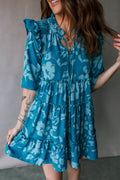Blue Floral Half Sleeve Tiered Ruffle Mini Dress | A-Line Summer