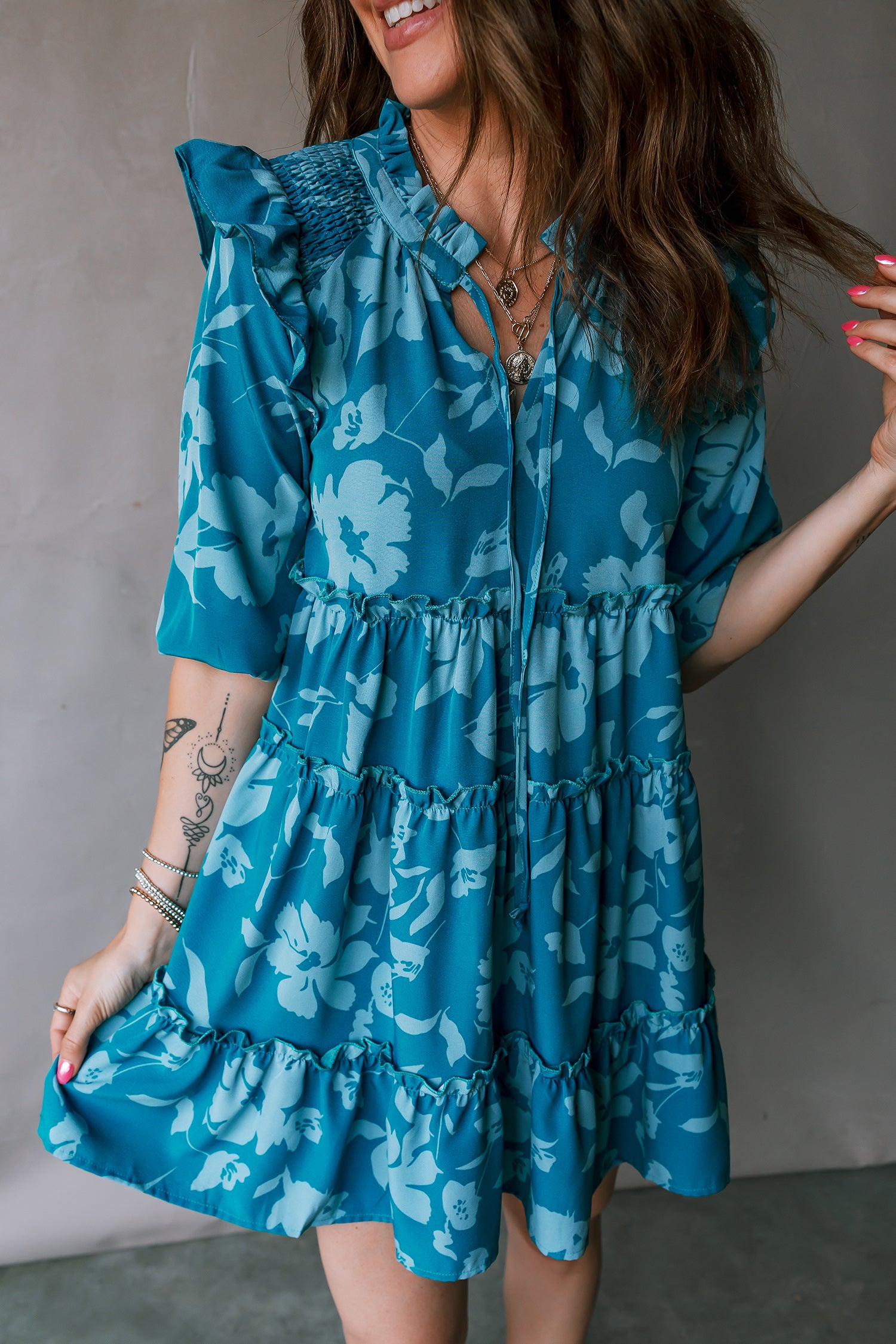 Blue Floral Half Sleeve Tiered Ruffle Mini Dress | A-Line Summer