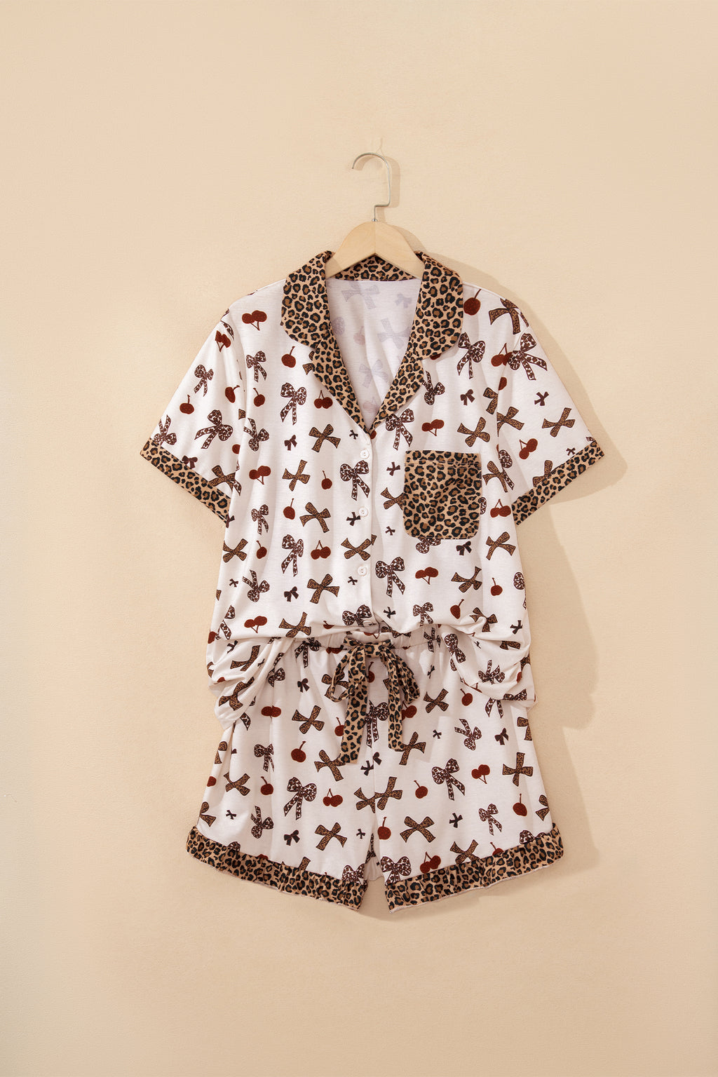 LivelyLooks White Cherry Print Leopard Patchwork PJ Set Bow Shirt and Drawstring Shorts Pyjamas women's fashion