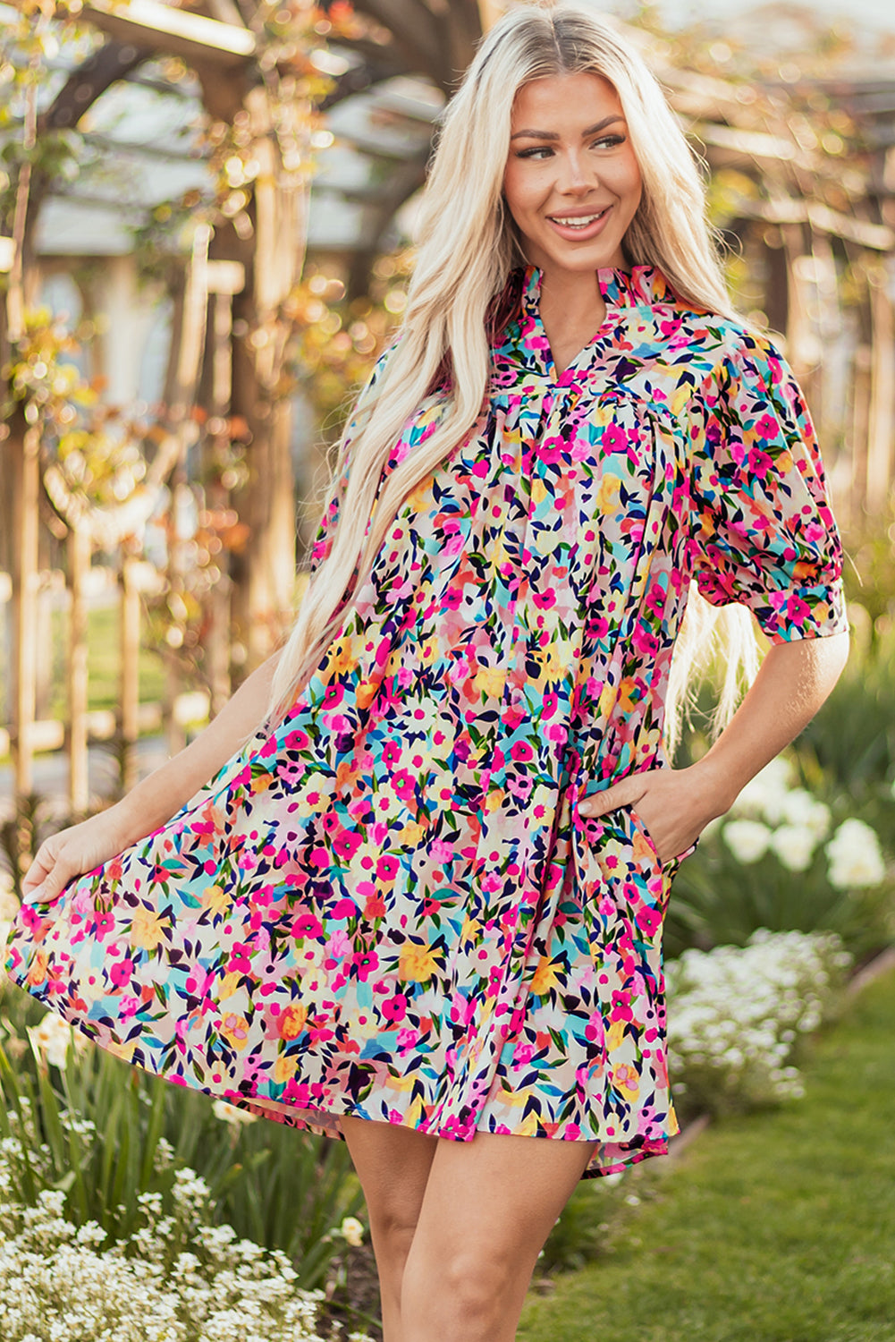 Pink Floral Puff Sleeve V Neck Mini Dress S-XL