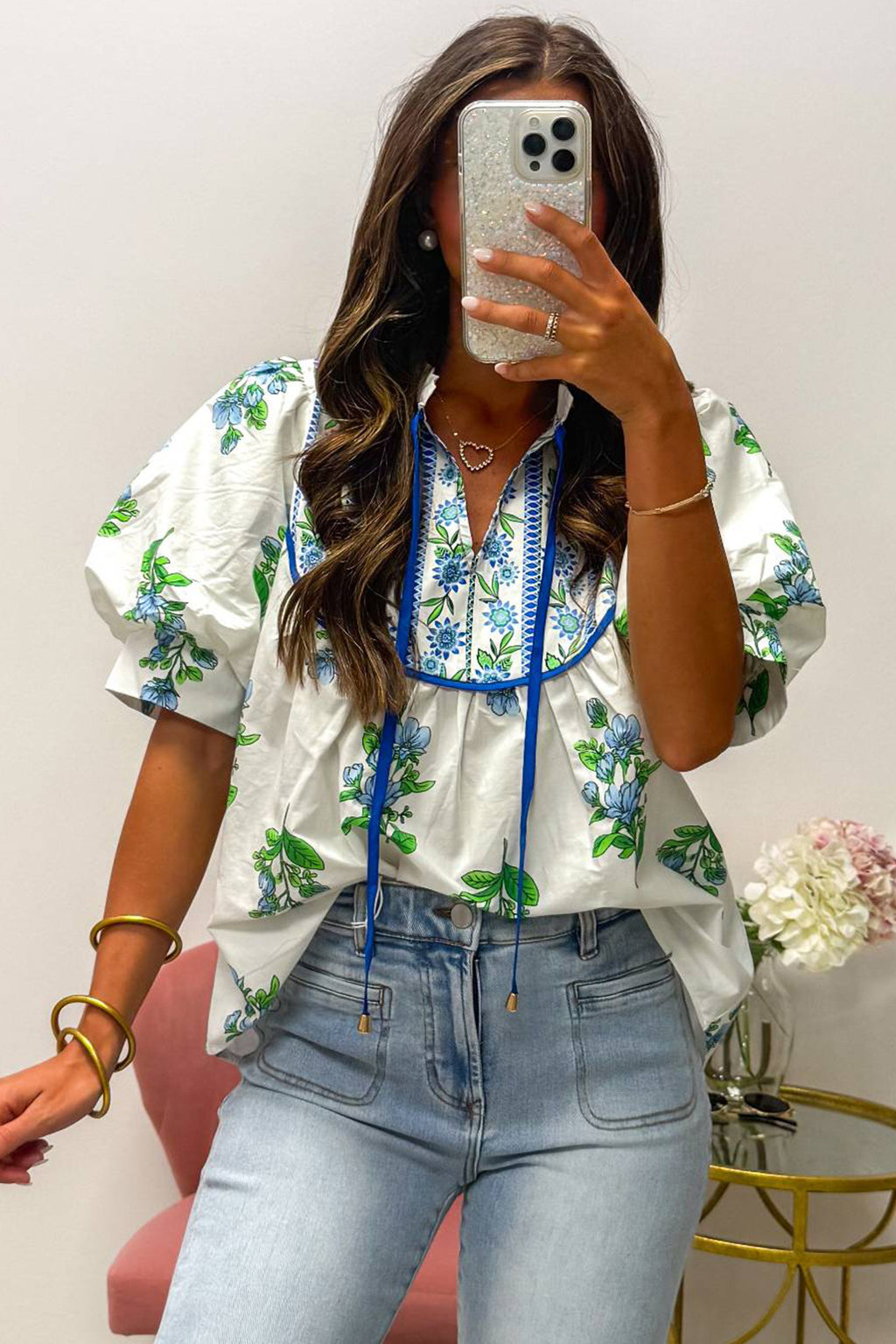 White Floral Contrast Trim Tie Neck Puff Sleeve Blouse