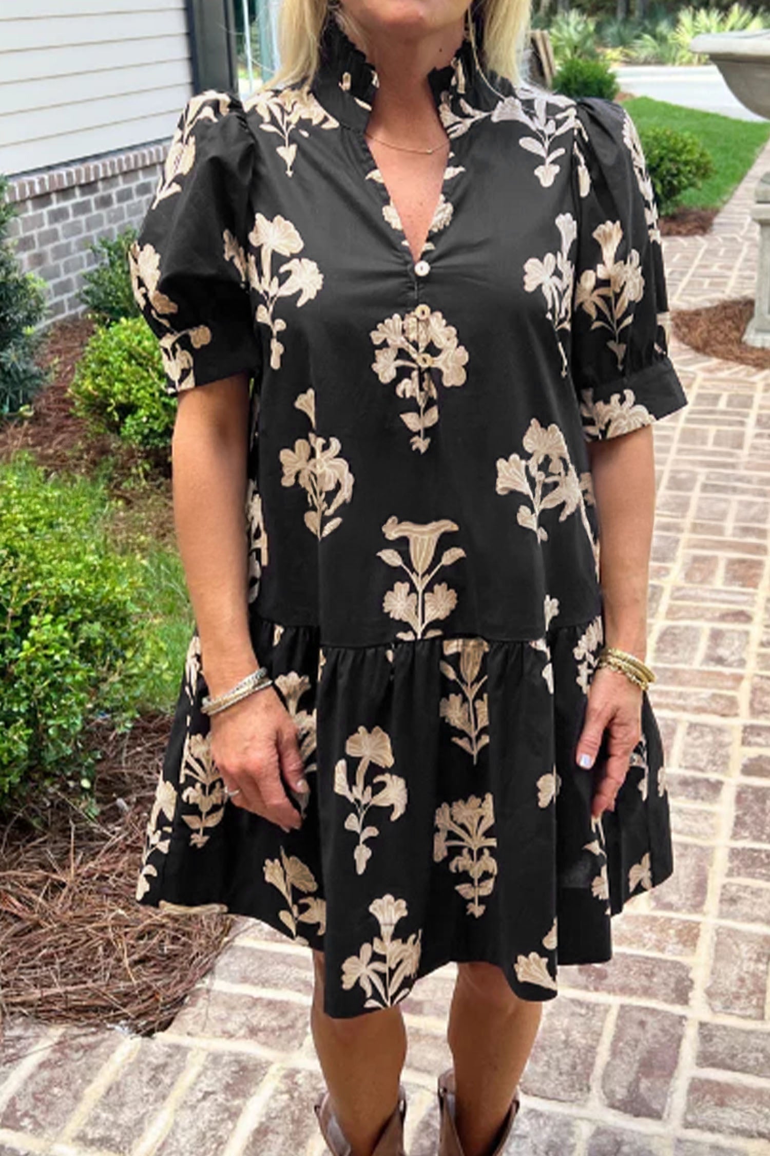 Black & Green Frilled V Neck Puff Sleeve Floral Mini Dress S-XL