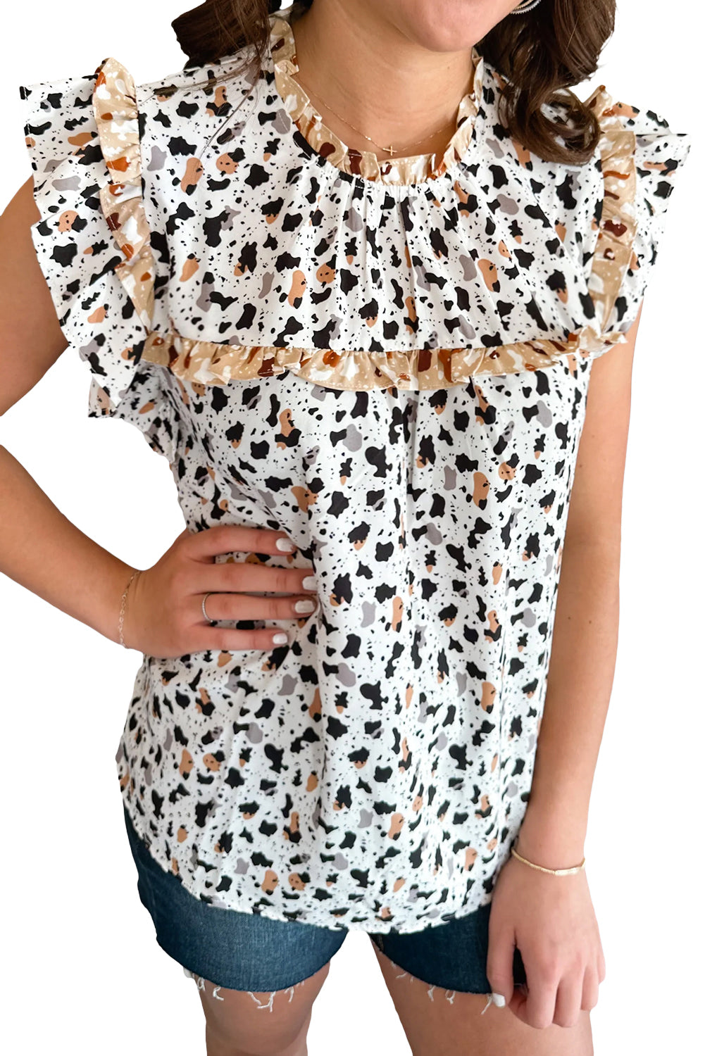 White Leopard Print Frill Neck Flutter Sleeve Blouse | S-XL