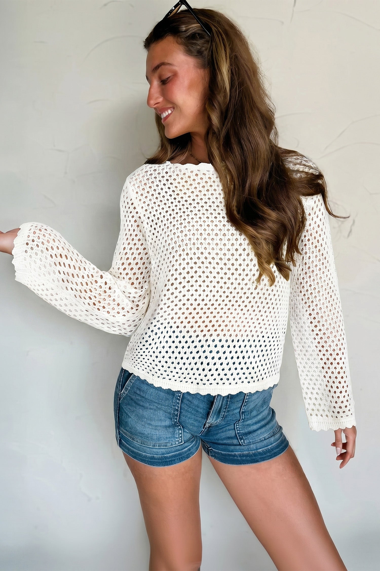 Women's Yellow Cream Scalloped Trim Hollow Out Knit Long Sleeve Top at LivelyLooks