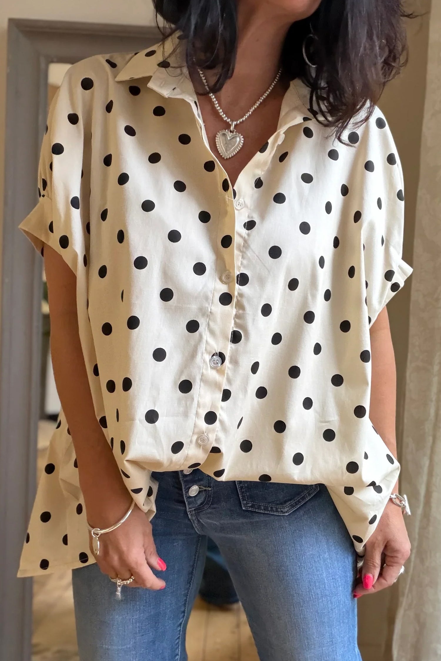 Beige Polka Dot Dolman Shirt Loose Fit Short Sleeve Rolled Cuff Women S-XL