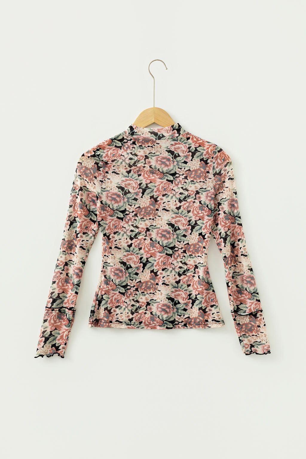 Shop White Retro Floral Mesh Mock Neck Long Sleeve Top at LivelyLooks