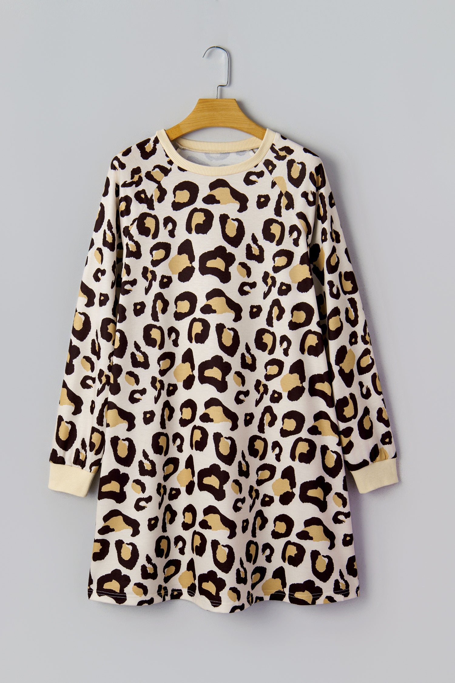 Women's Khaki Leopard Print Long Sleeve Shift T-Shirt Dress with Pockets at LivelyLooks
