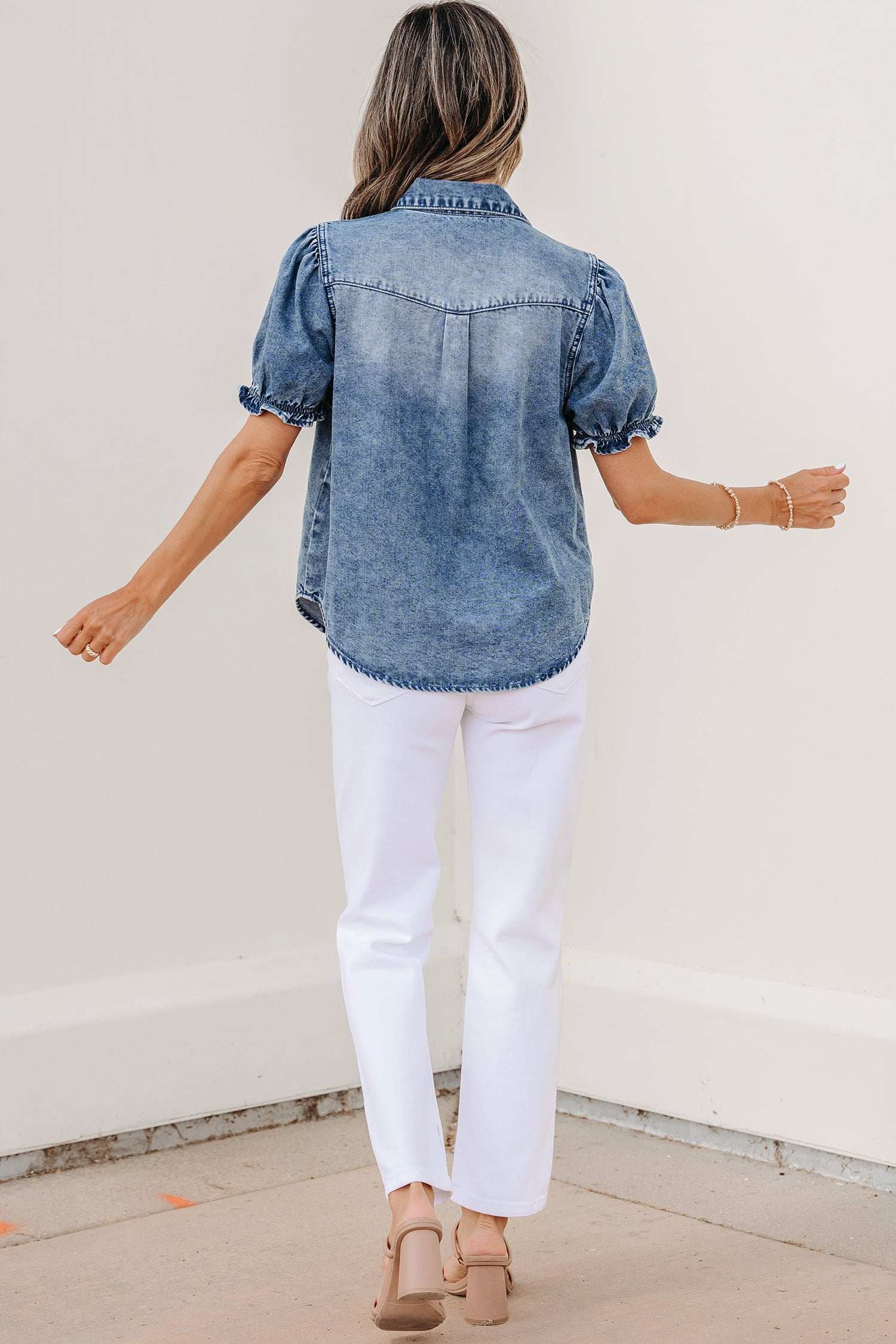 LivelyLooks Beau Blue Frilled Short Sleeve Snap Button Denim Shirt women's fashion