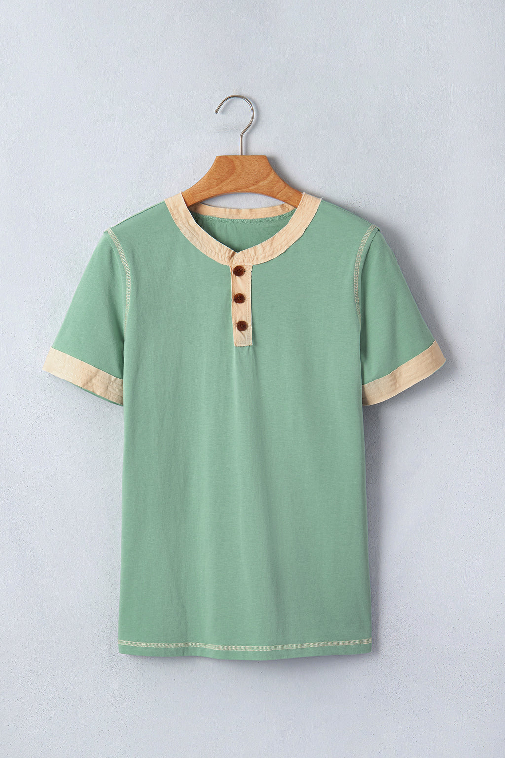 Colour Block Henley Tee Raw Seam Detail Buttoned Mint Green Light Grey Women S-XL
