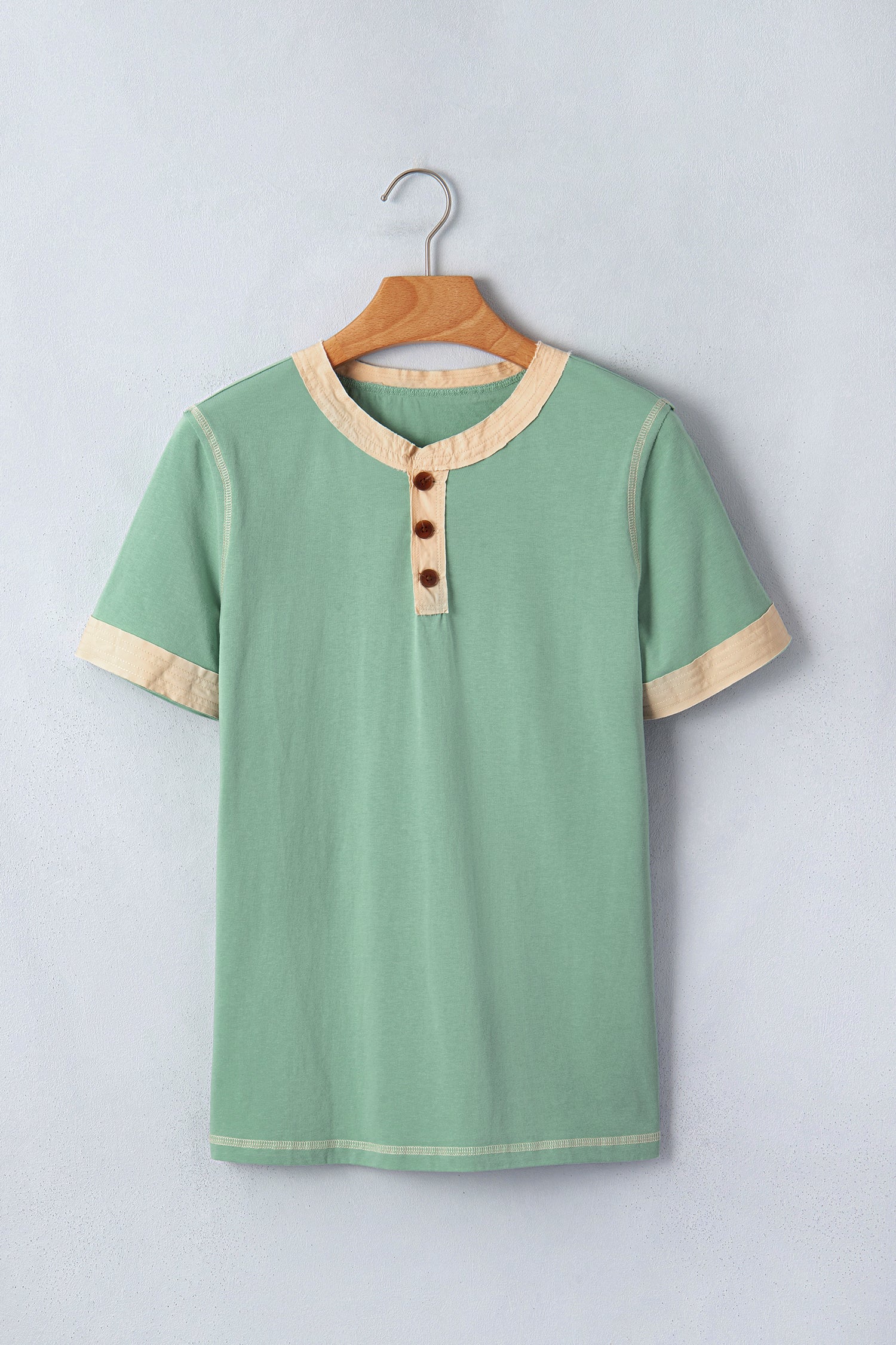 Colour Block Henley Tee Raw Seam Detail Buttoned Mint Green Light Grey Women S-XL