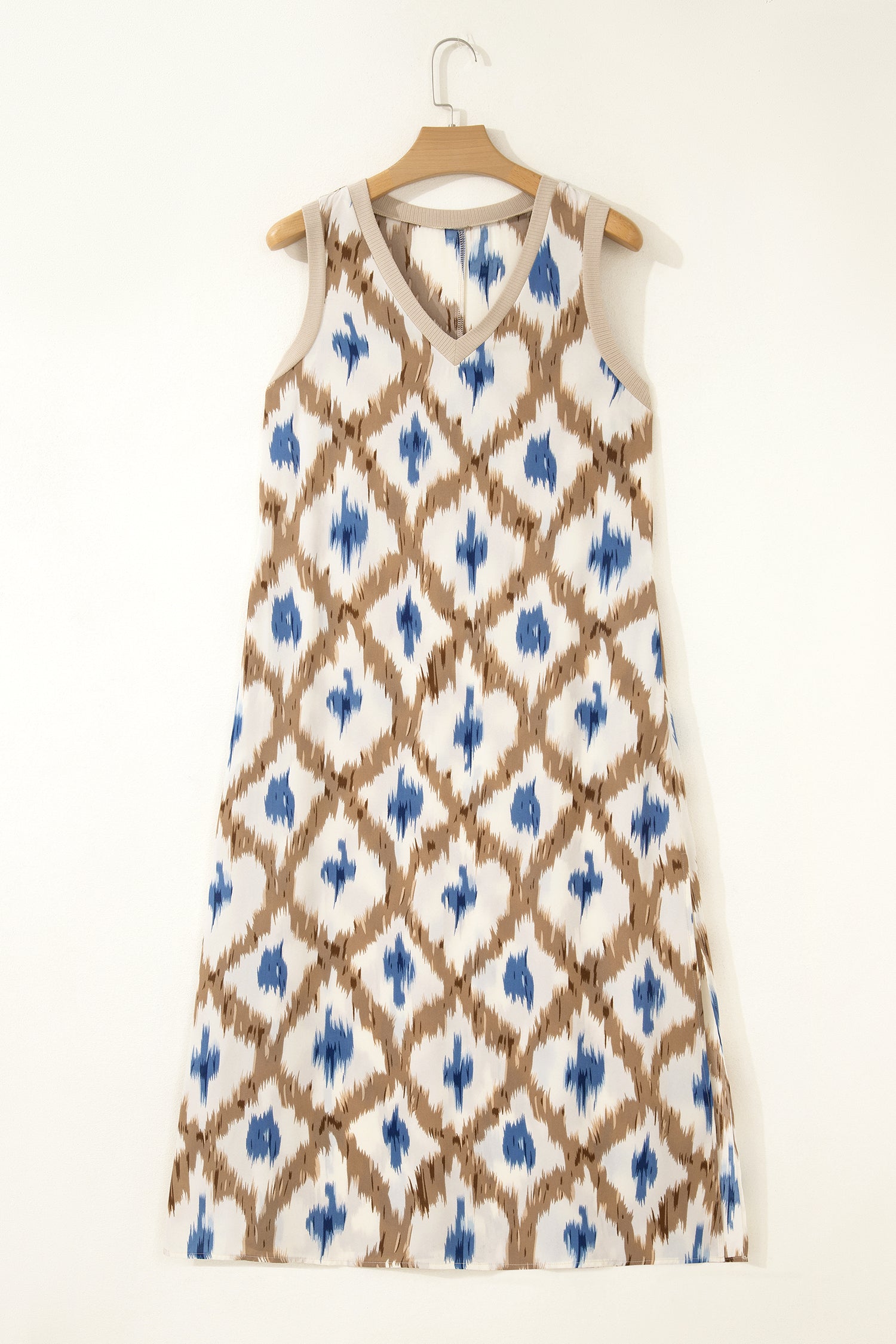 Khaki Boho Maxi Dress Abstract Print V-Neck Sleeveless UK 8-22